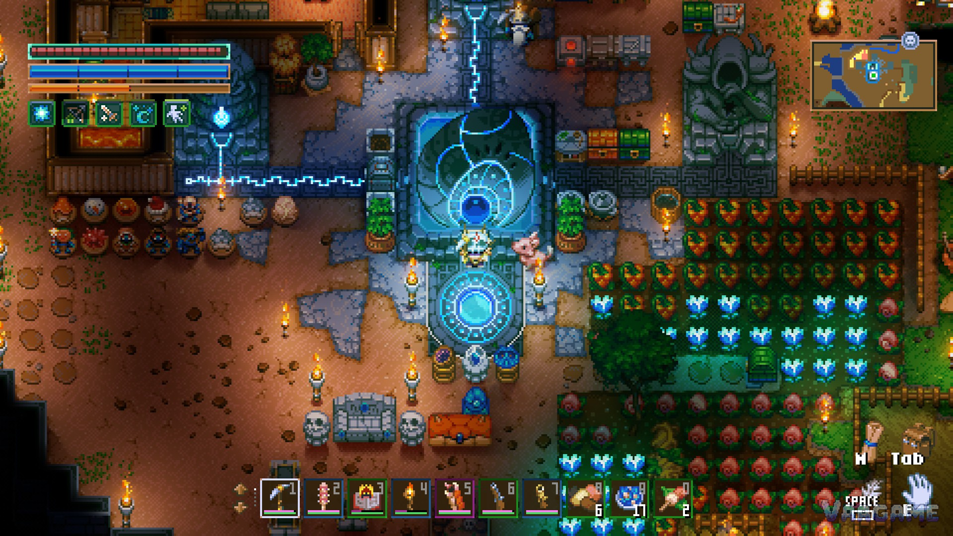 The Core up close: left statue powered, right statue dark, the portal below and a row of boss figurines beside it