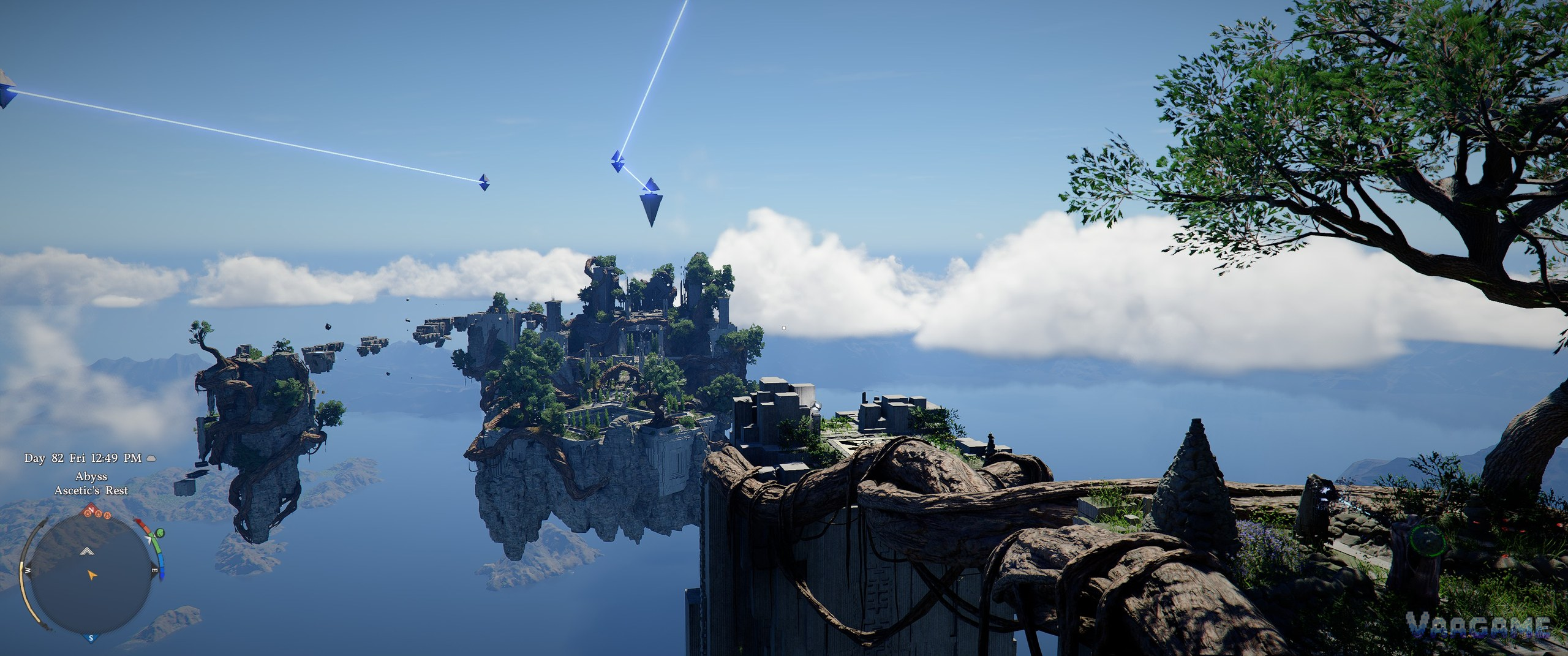 Floating isles above the clouds: the world hides vertical targets as well as ground-level ones, so look up as well as ahead.
