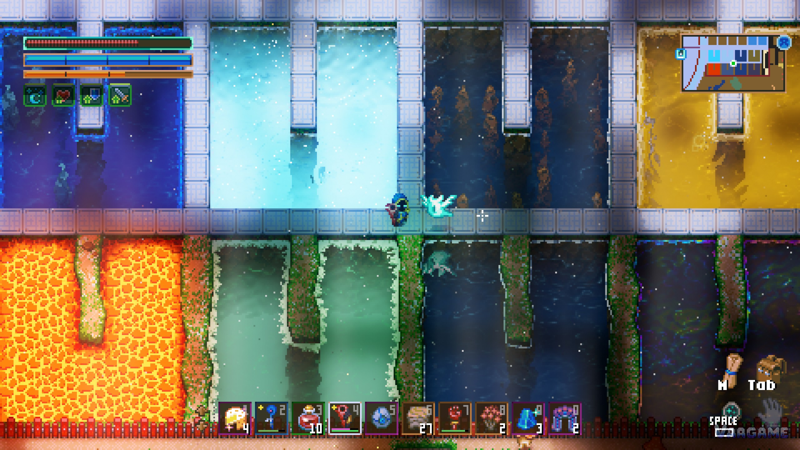 Four fishing pools side by side, holding lava, ice crystal, mould and plain water