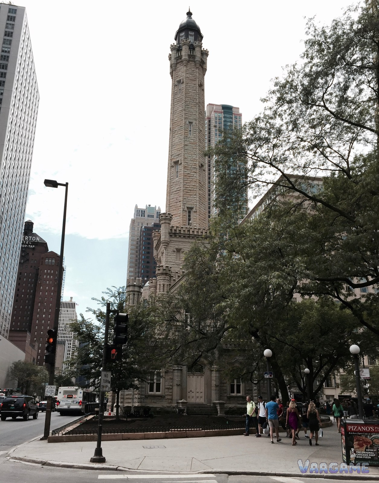 Chicago Water Tower limestone tower on Michigan Avenue in daylight