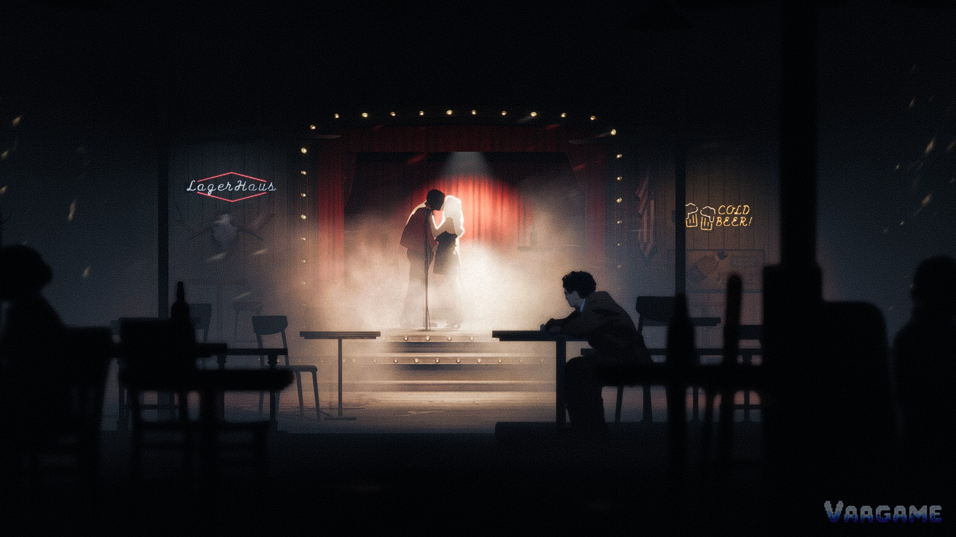 Two figures on a bar stage