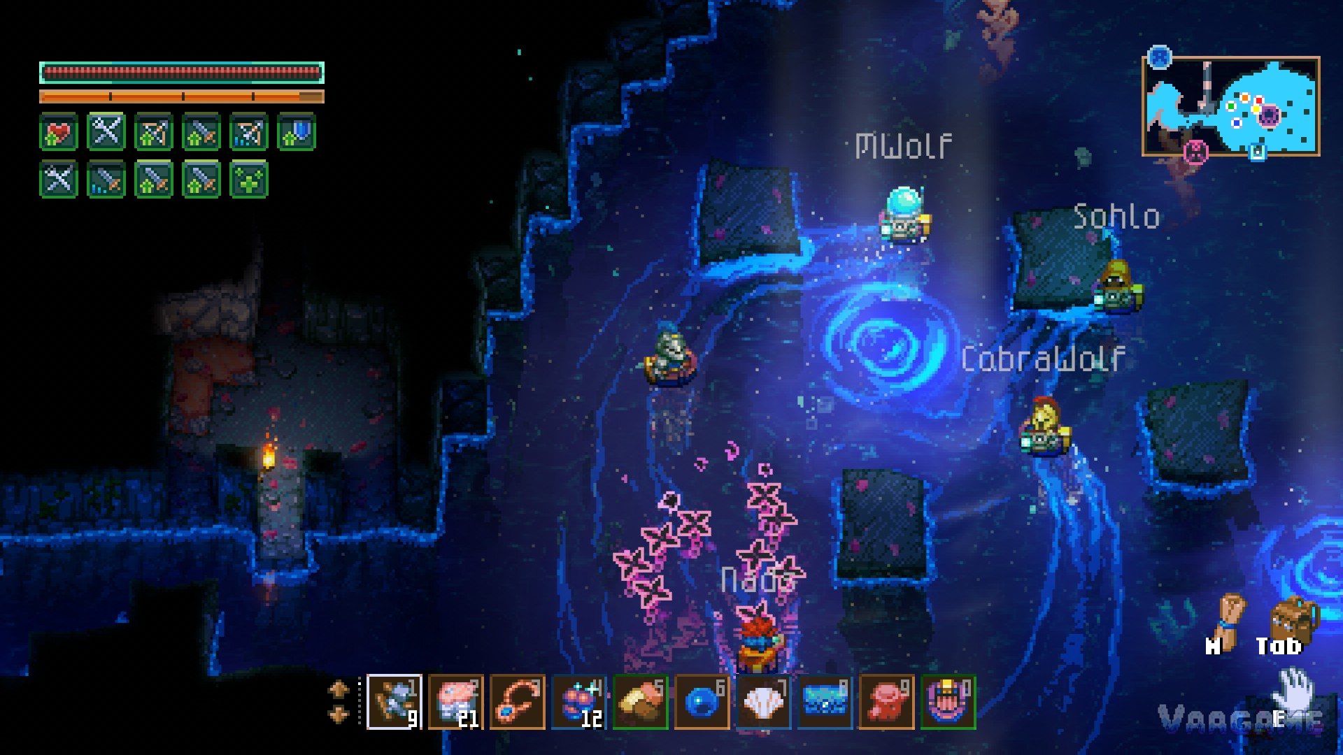 A four-player boat fleet gathering beside a whirlpool in the Sunken Sea