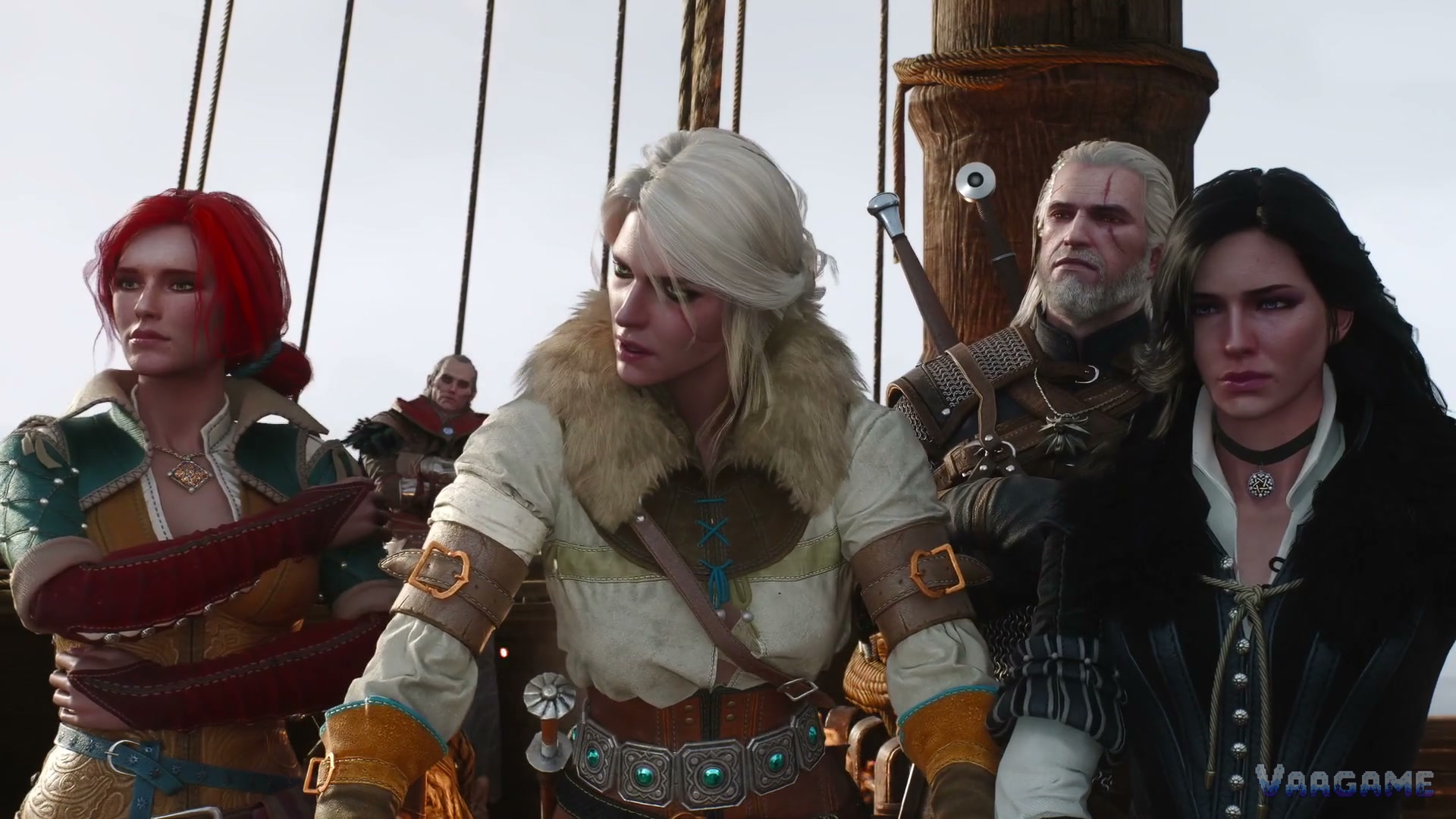 Triss, Ciri, Geralt and Yennefer together on a ship's deck