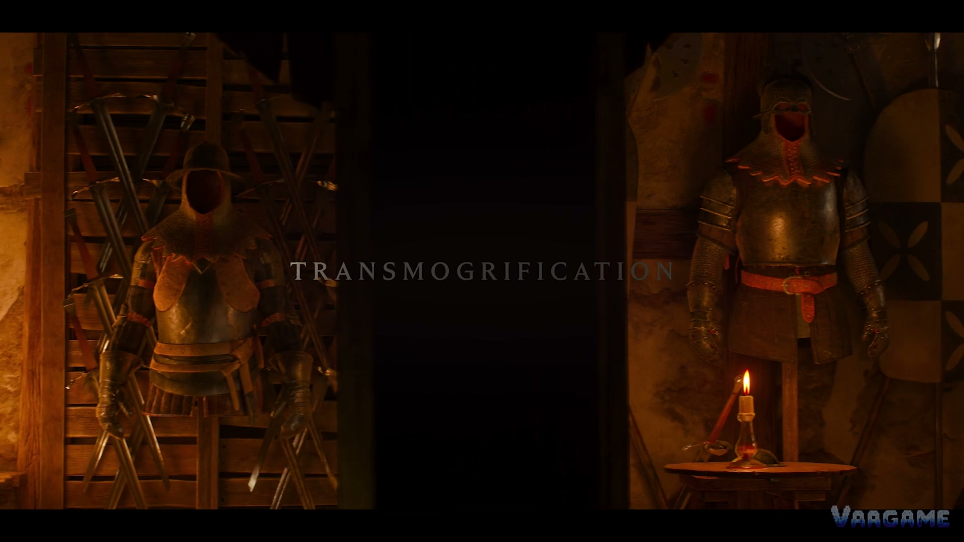 Armour stands and crossed swords in a candlelit smithy, under the title Transmogrification
