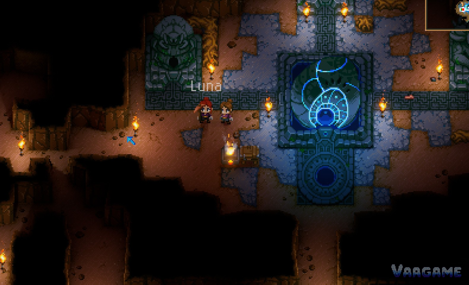 The Core still dormant in its chamber, one mossy boss statue waiting on the left