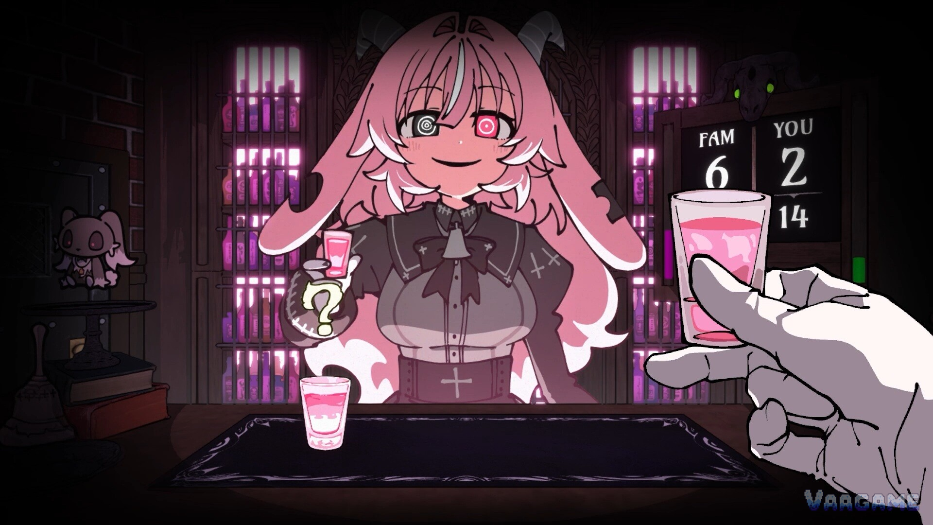 Femme Soule serving shots at the bar in Drunken Goddess Reflux