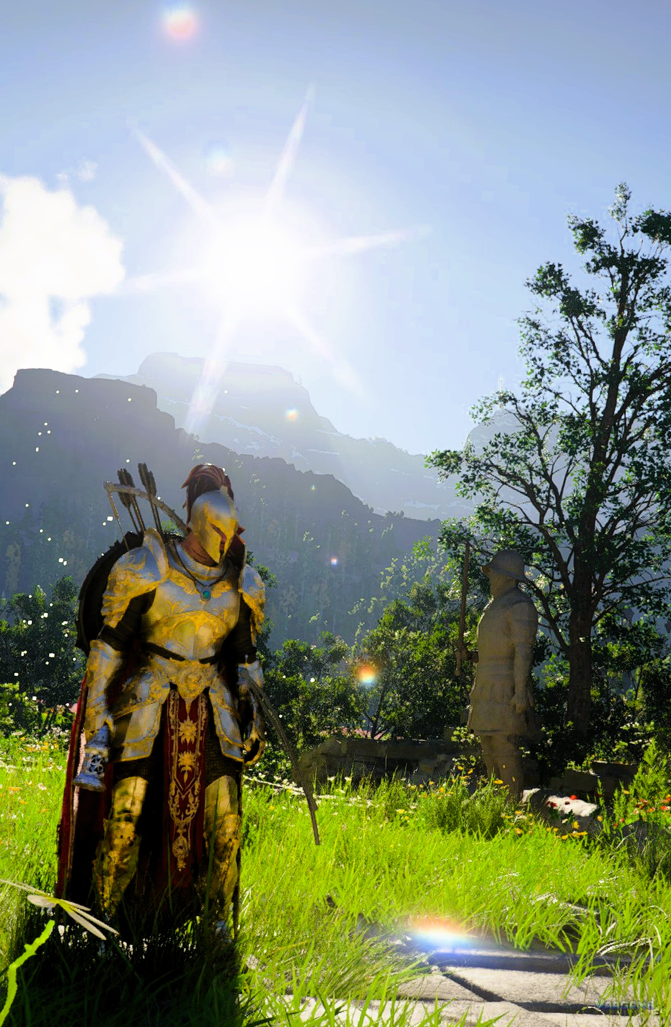 An armored figure in bright sun: bright, detailed gear is a good test for whether textures are loading cleanly from your SSD.