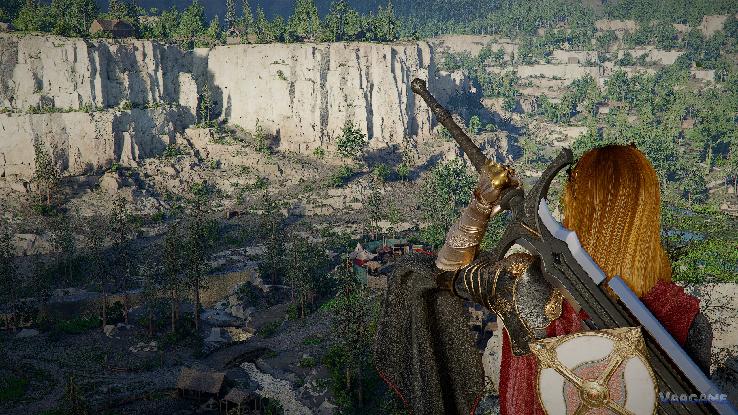 A character overlooking the world with a weapon ready: combat readability matters more than maximum detail settings.