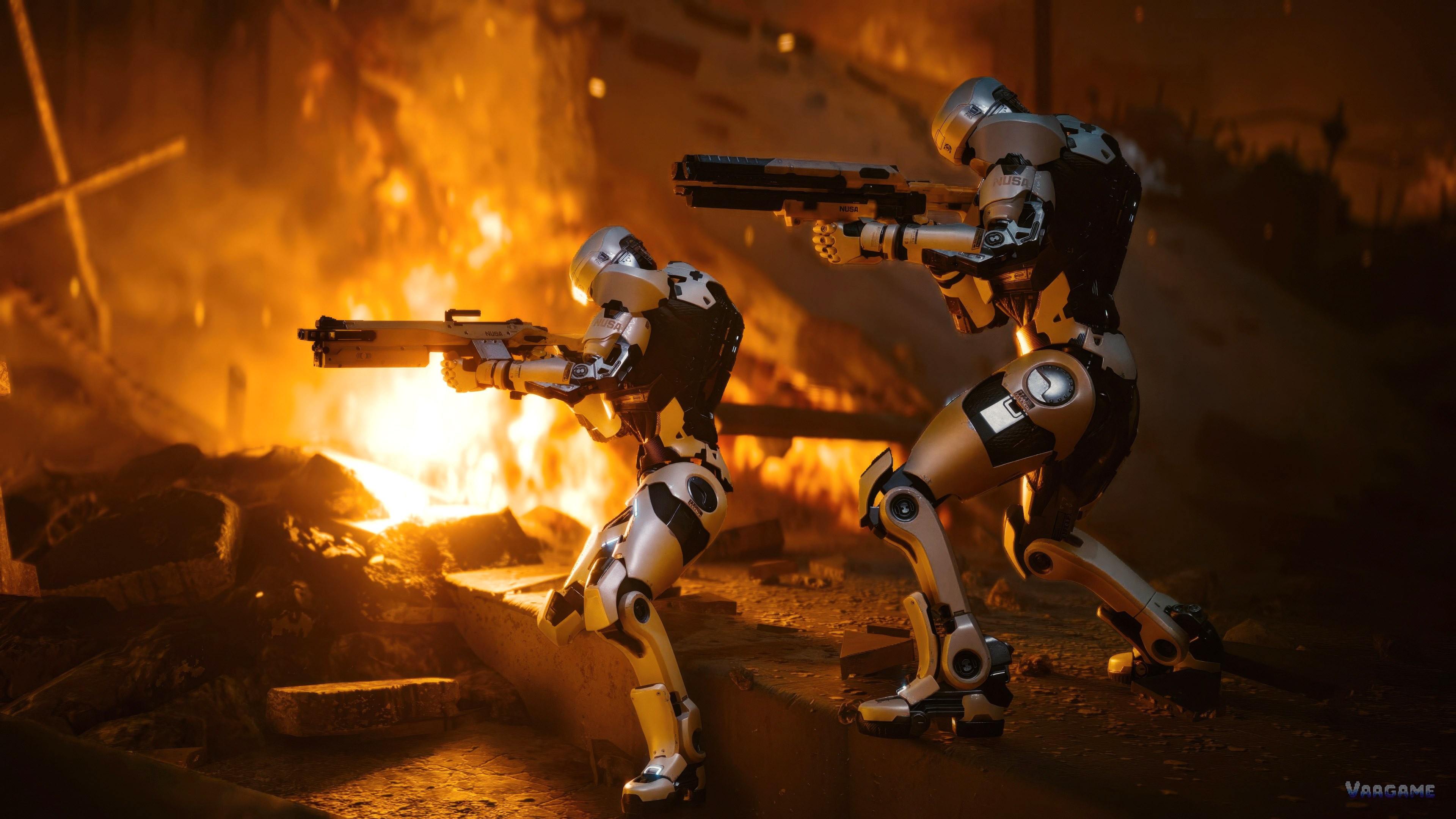 Two robots firing rifles in a burning street in Cyberpunk 2077