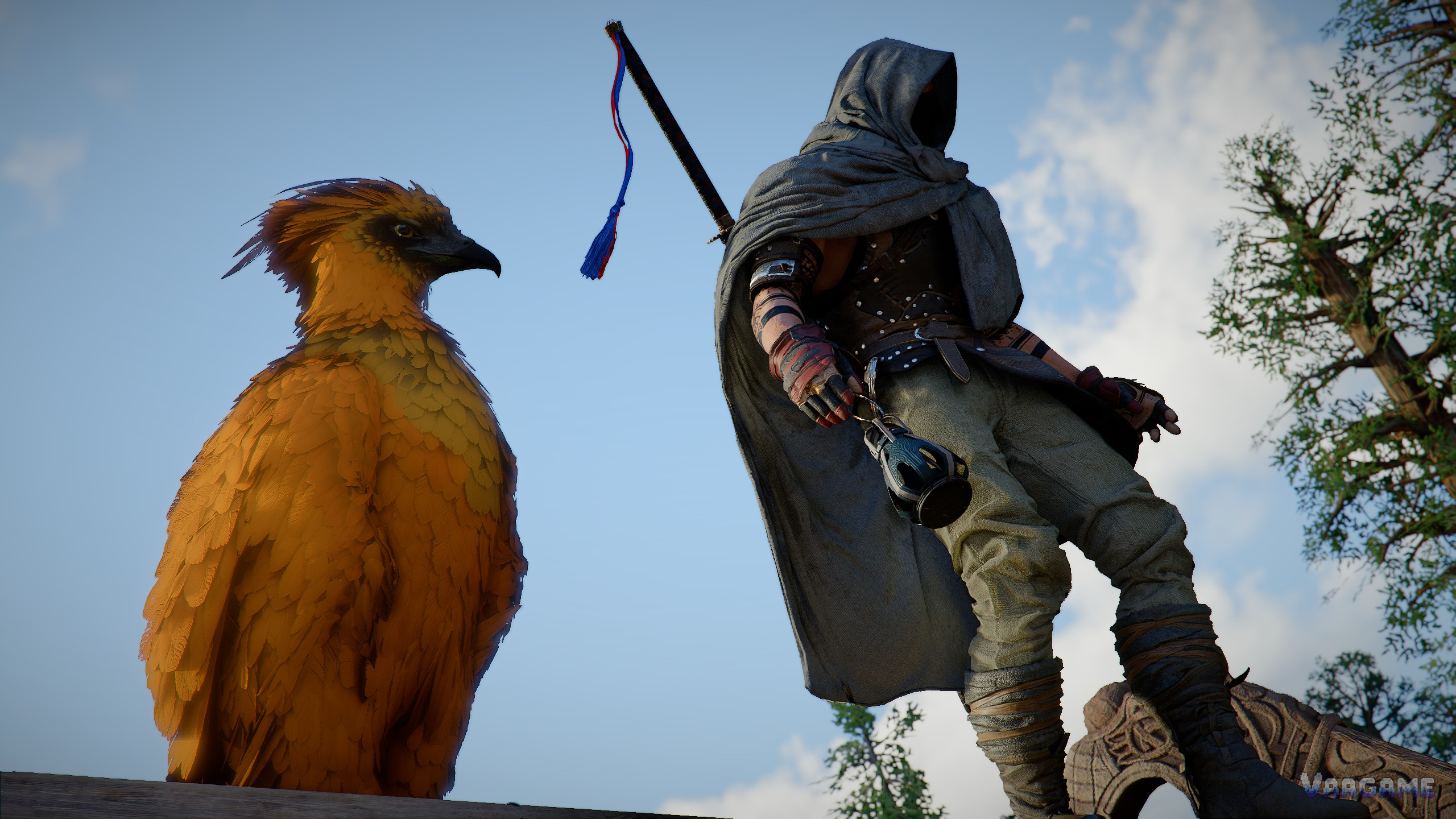 A character with a creature companion: companions and mounts add on-screen complexity, so judge performance in busy scenes.