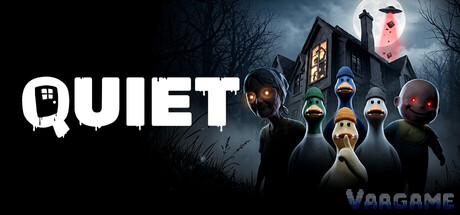 QUIET key art: duck characters in front of a haunted house