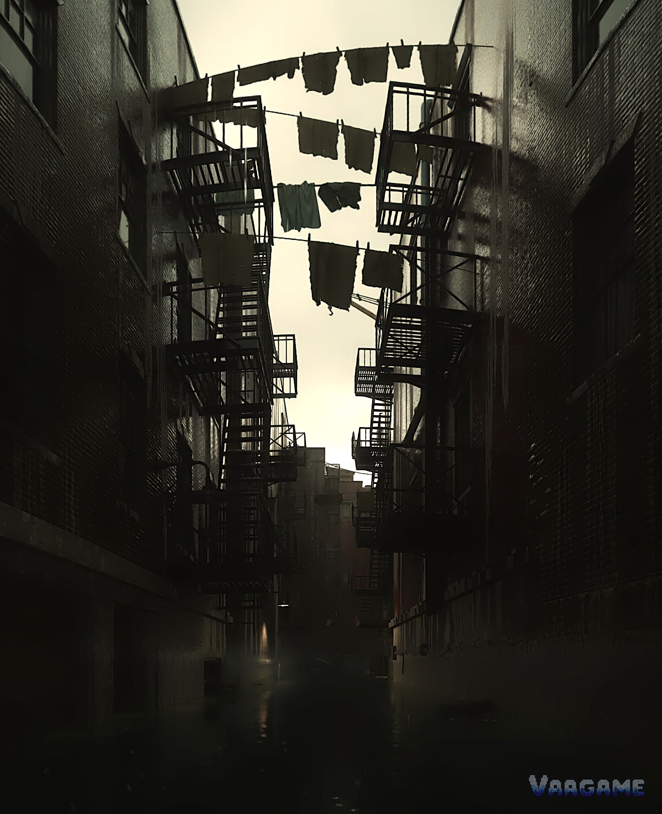 A flooded alley with laundry lines