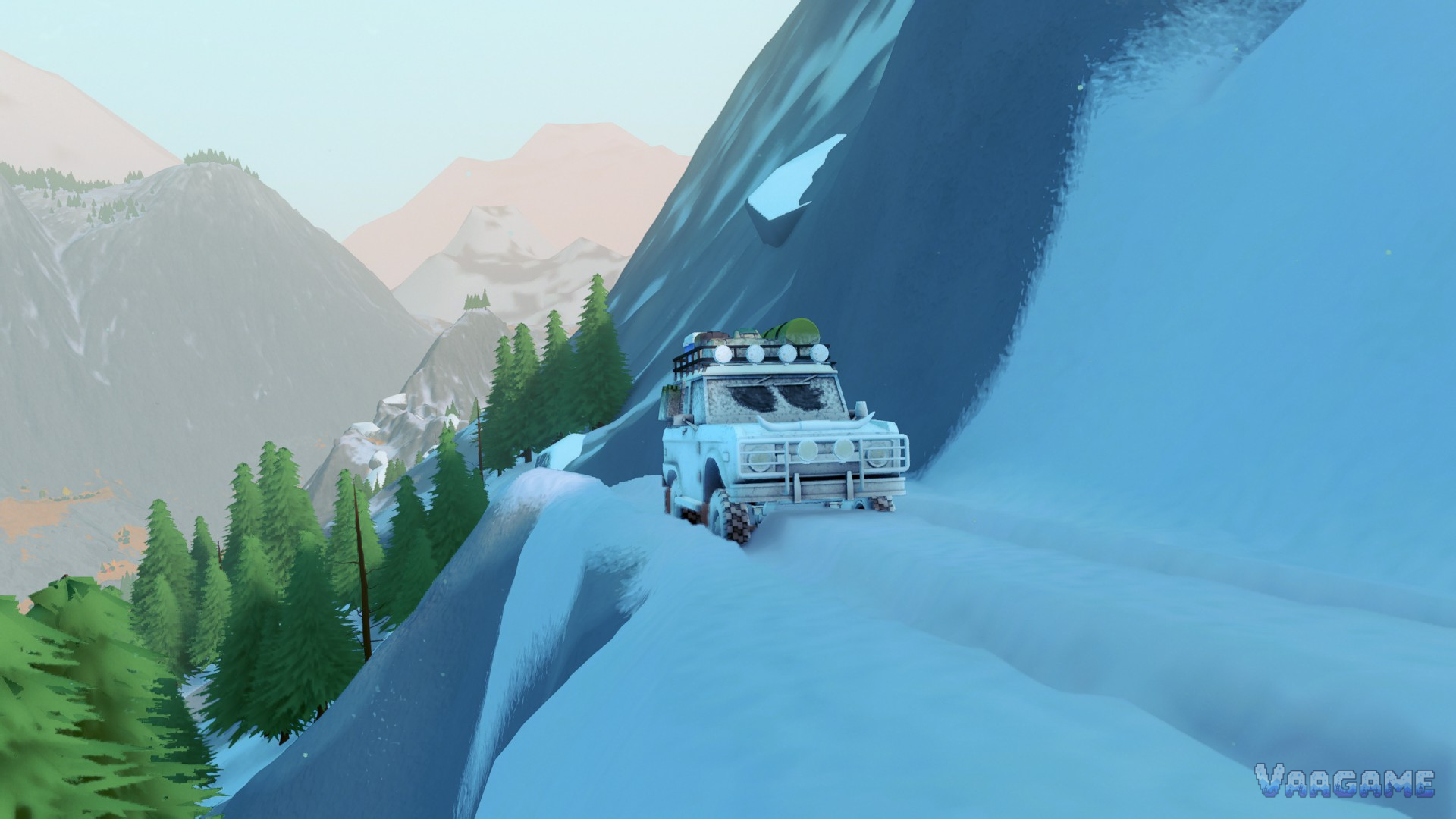 A white SUV traversing a steep snowy shelf with a drop on one side