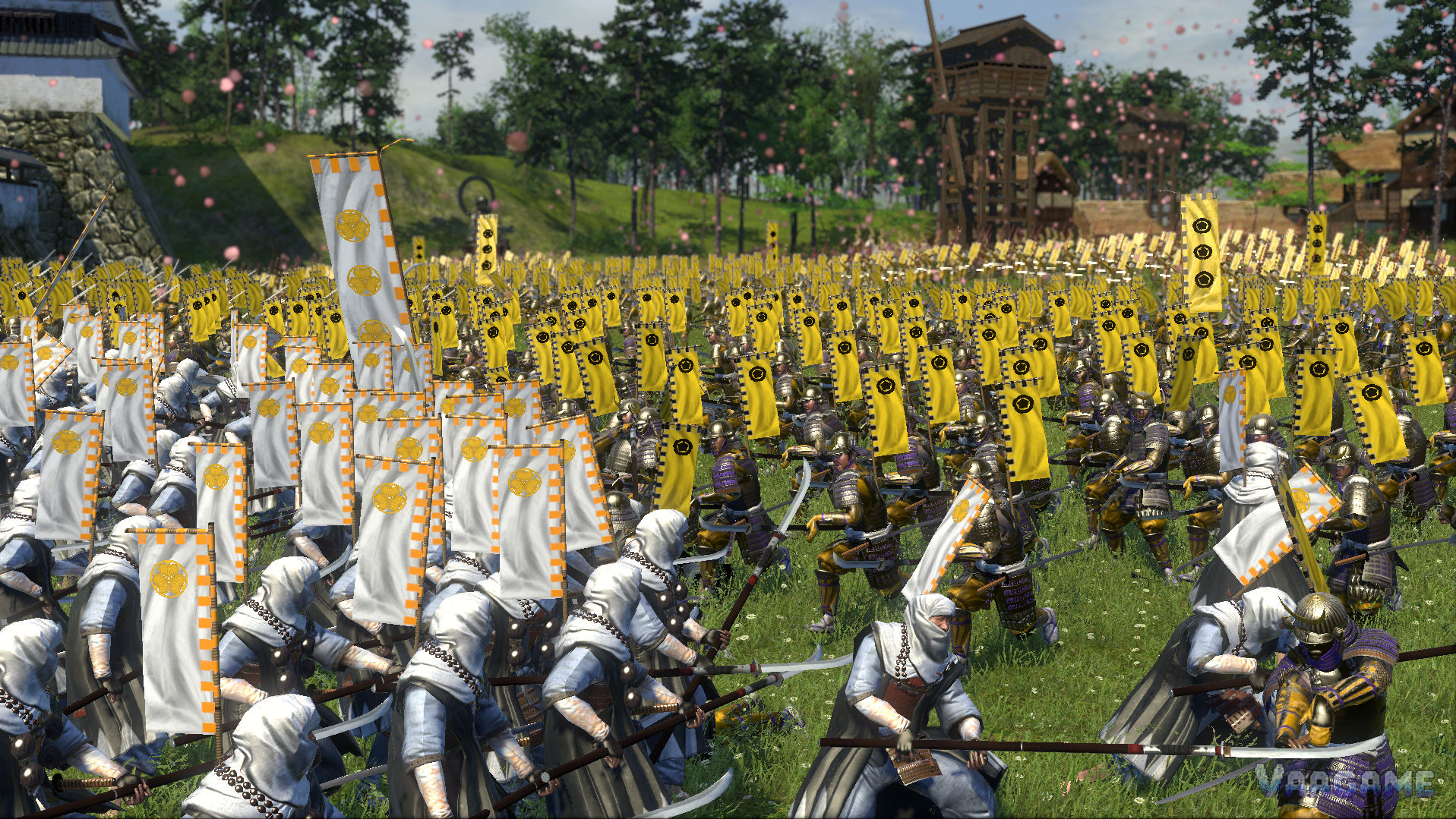 Massed infantry battle with clan banners in Total War SHOGUN 2