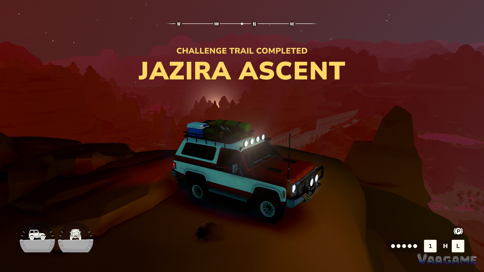 A challenge trail completion banner for Jazira Ascent over a wagon in the red desert dusk