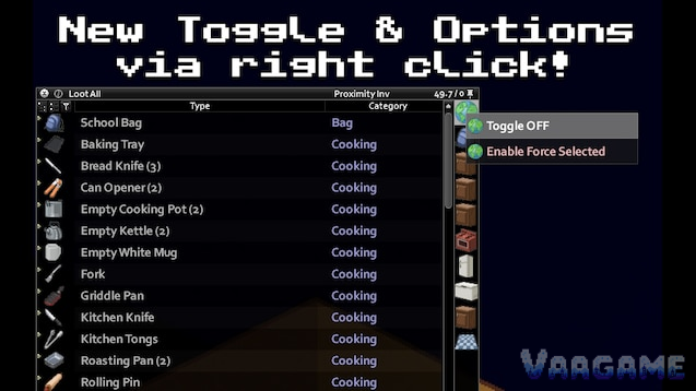 Proximity Inventory's toggle and force-selected options on the right-click menu
