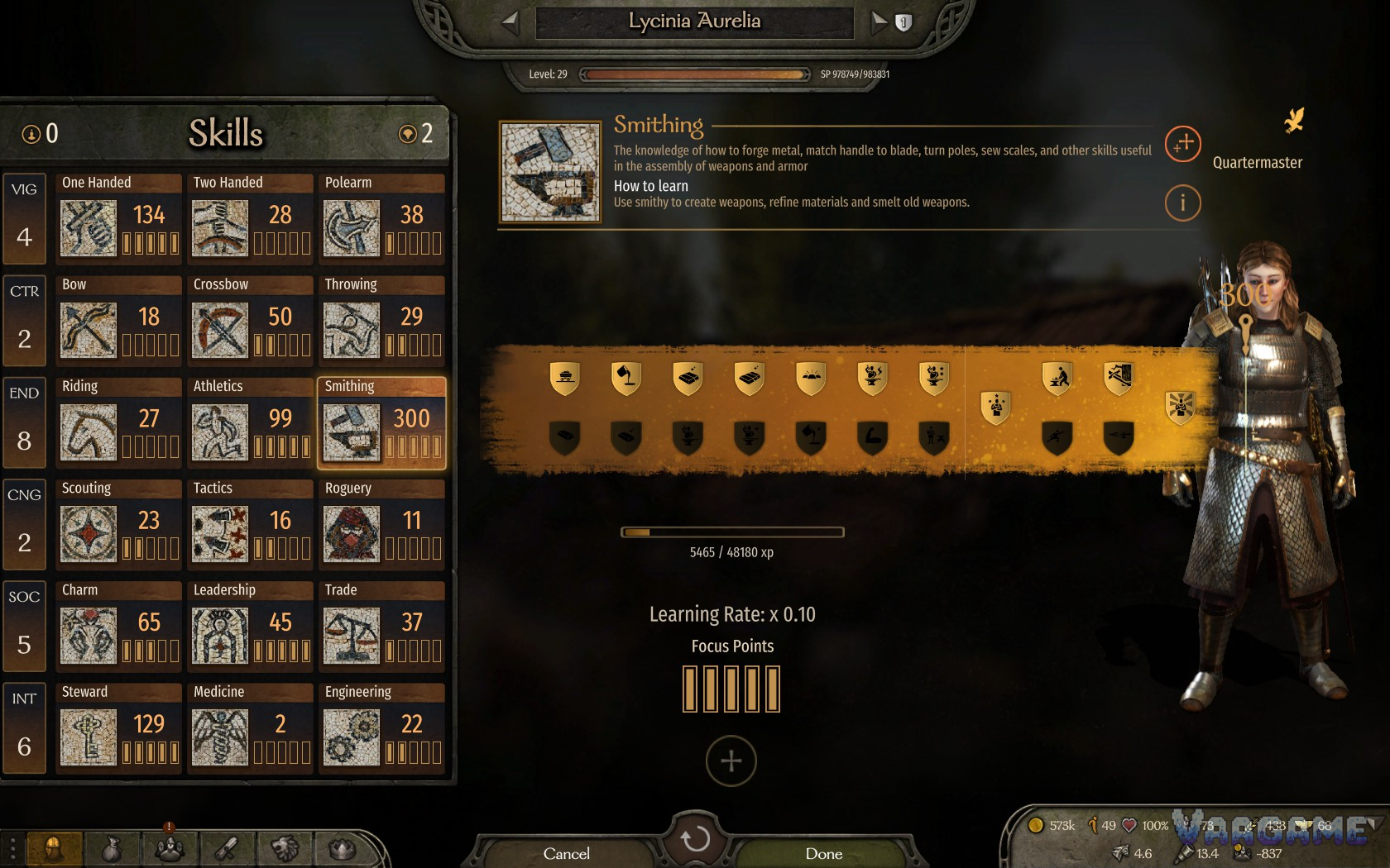 Bannerlord character screen with the Smithing skill panel open