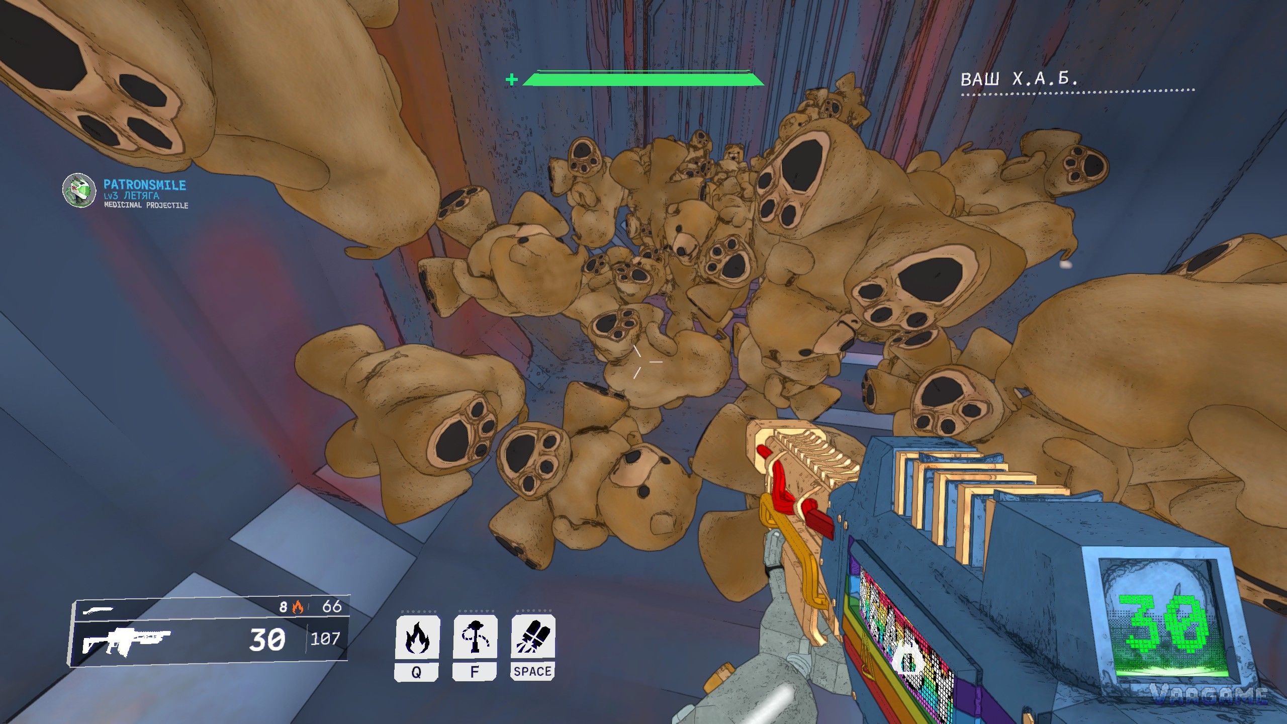 A dense swarm of small fungal creatures filling a corridor