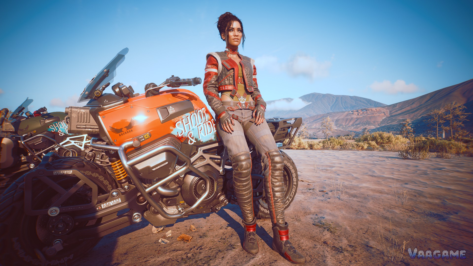 V standing beside a motorcycle in the Badlands in Cyberpunk 2077