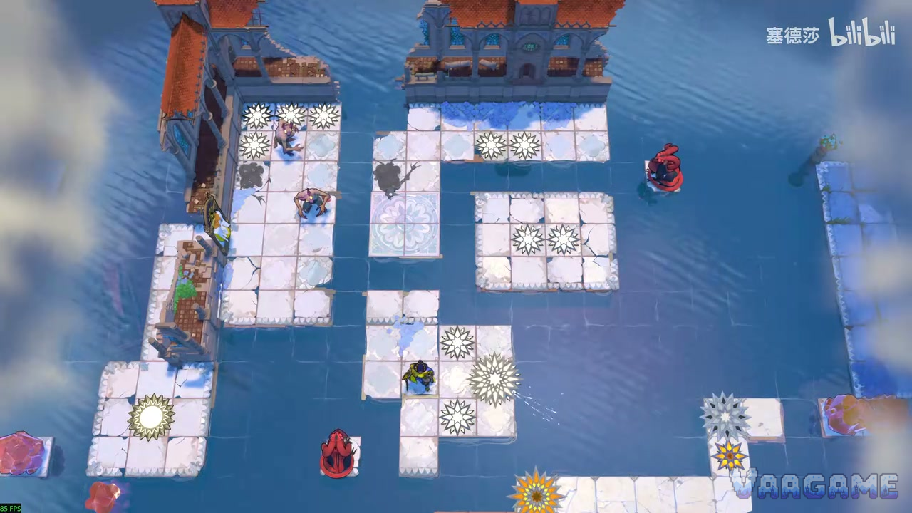 White platforms studded with star tiles, heroes and monsters separated by open water