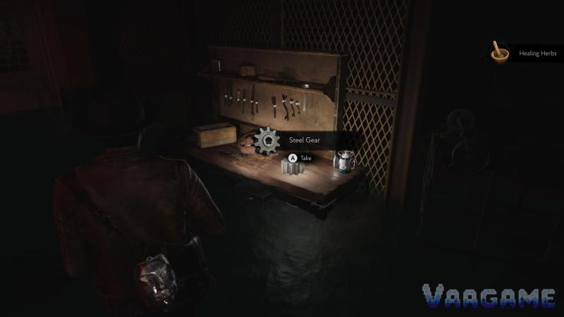 Take the Steel Gear from the storage-room workbench.
