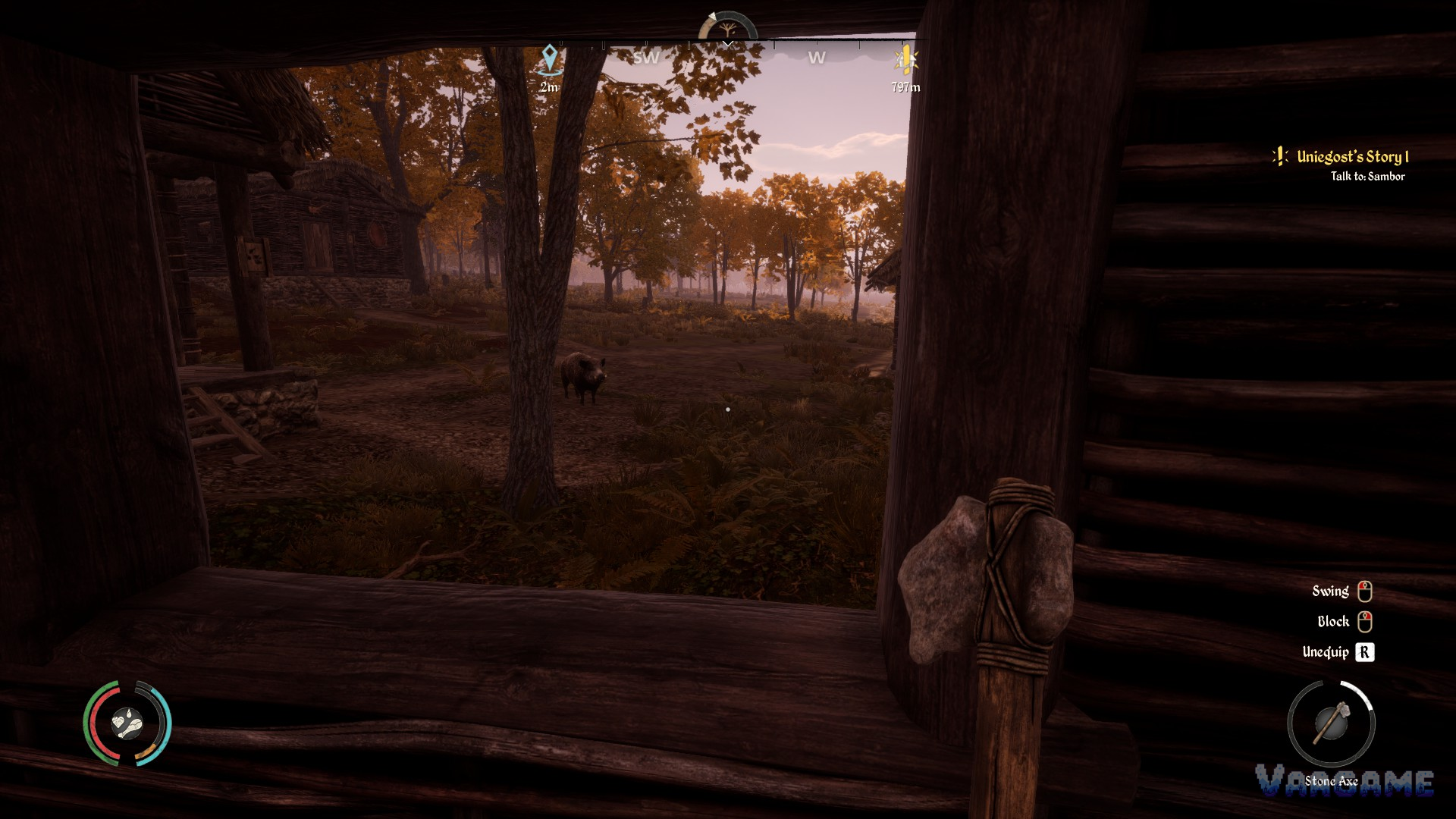 Autumn view from a house window with a boar outside