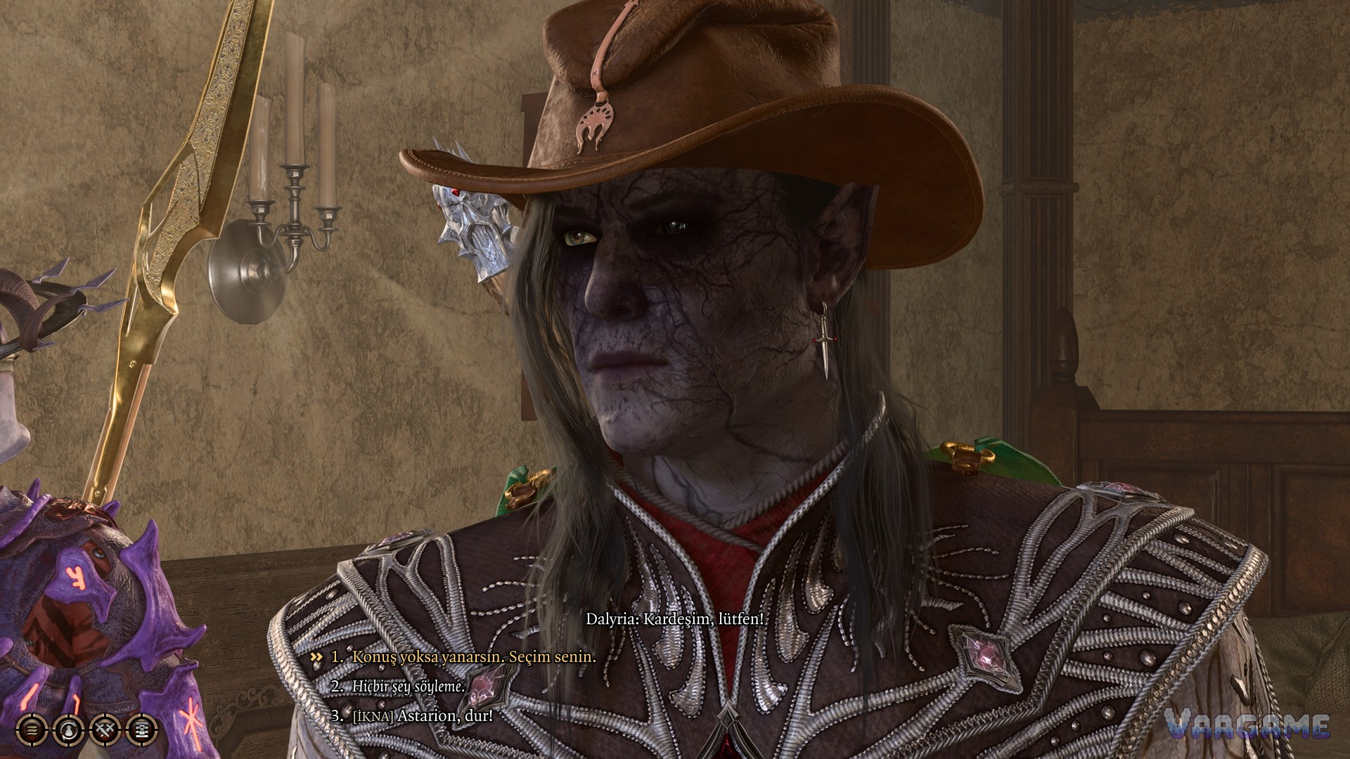 Character wearing a wide brimmed hat and ornate armor