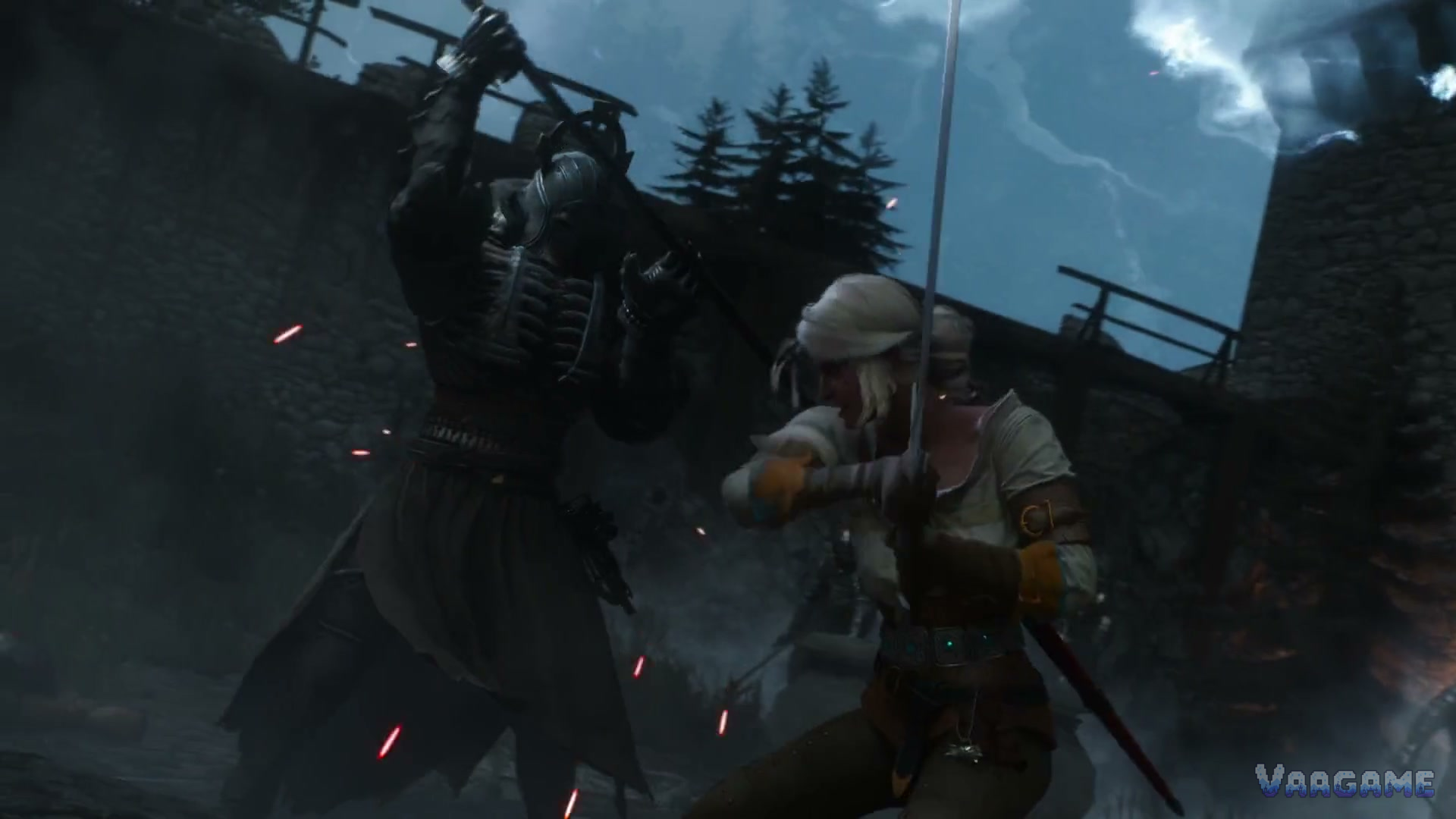 Ciri sword-fighting a Wild Hunt warrior on castle battlements under a storm sky