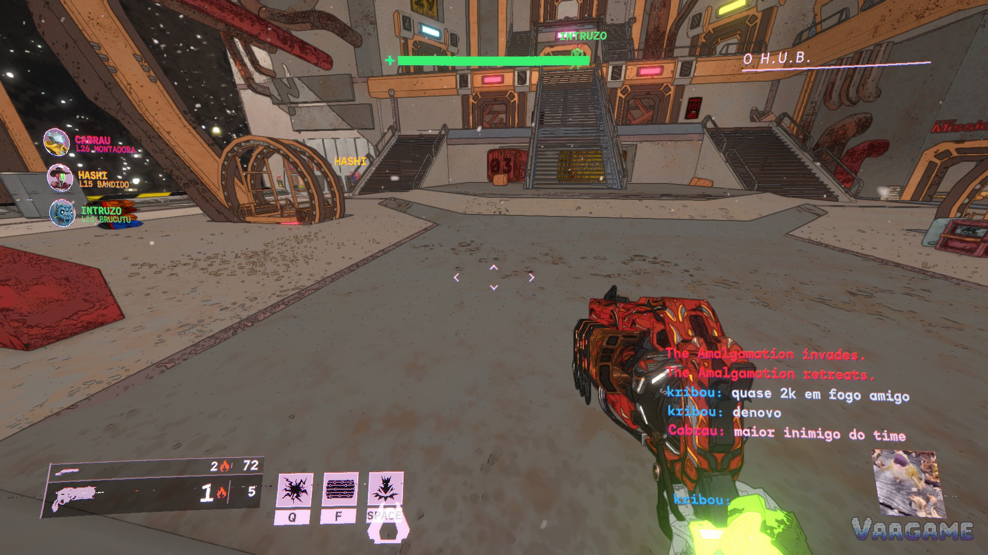 A three player crew standing in the hub