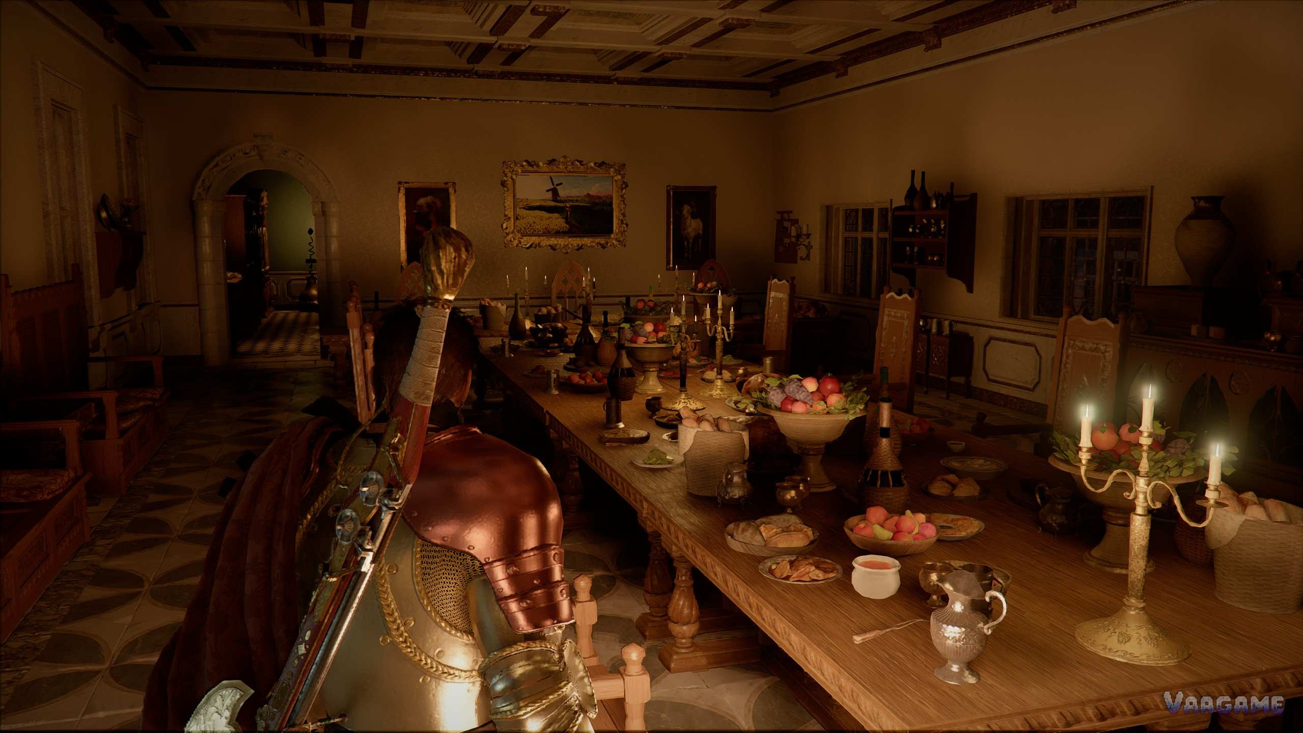 Crimson Desert long dining table laden with fruit bread and meat