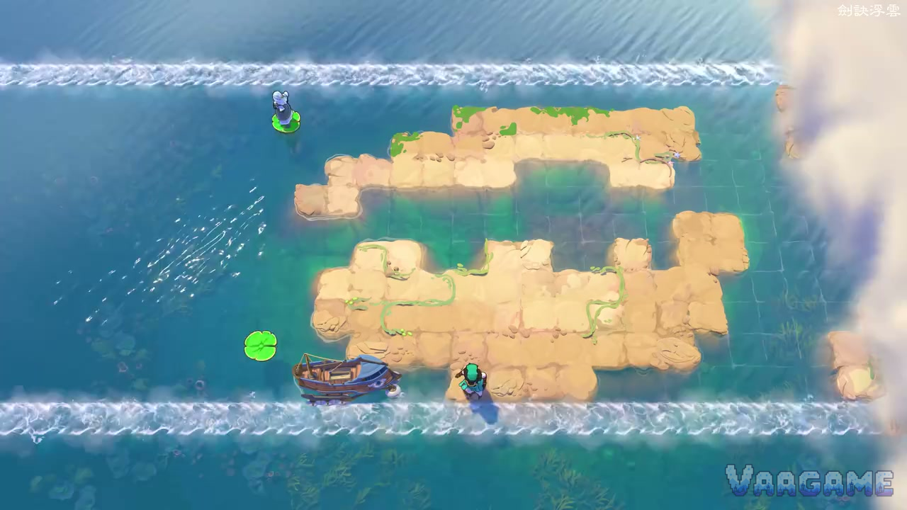 The Sailor by his boat while the second character waits on a lily pad between two current lanes