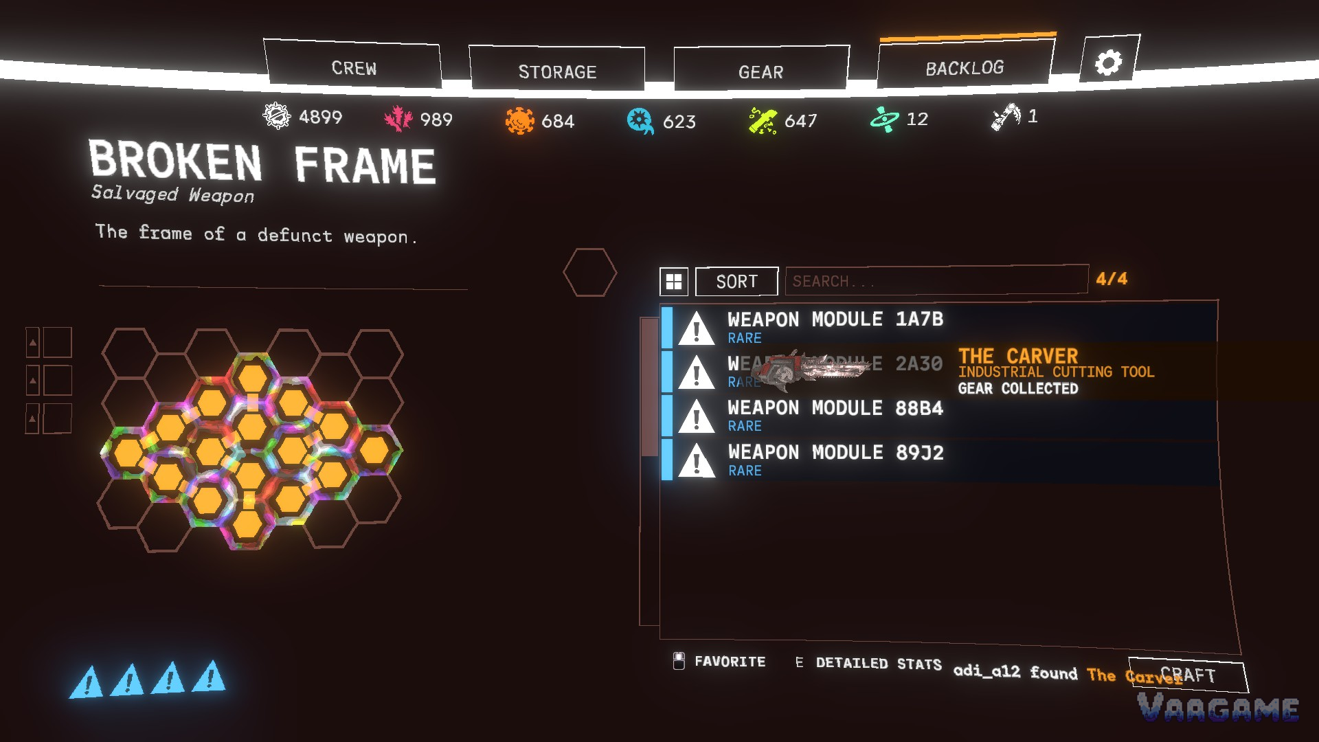 Broken Frame salvaged weapon grid with a Carver gear notice