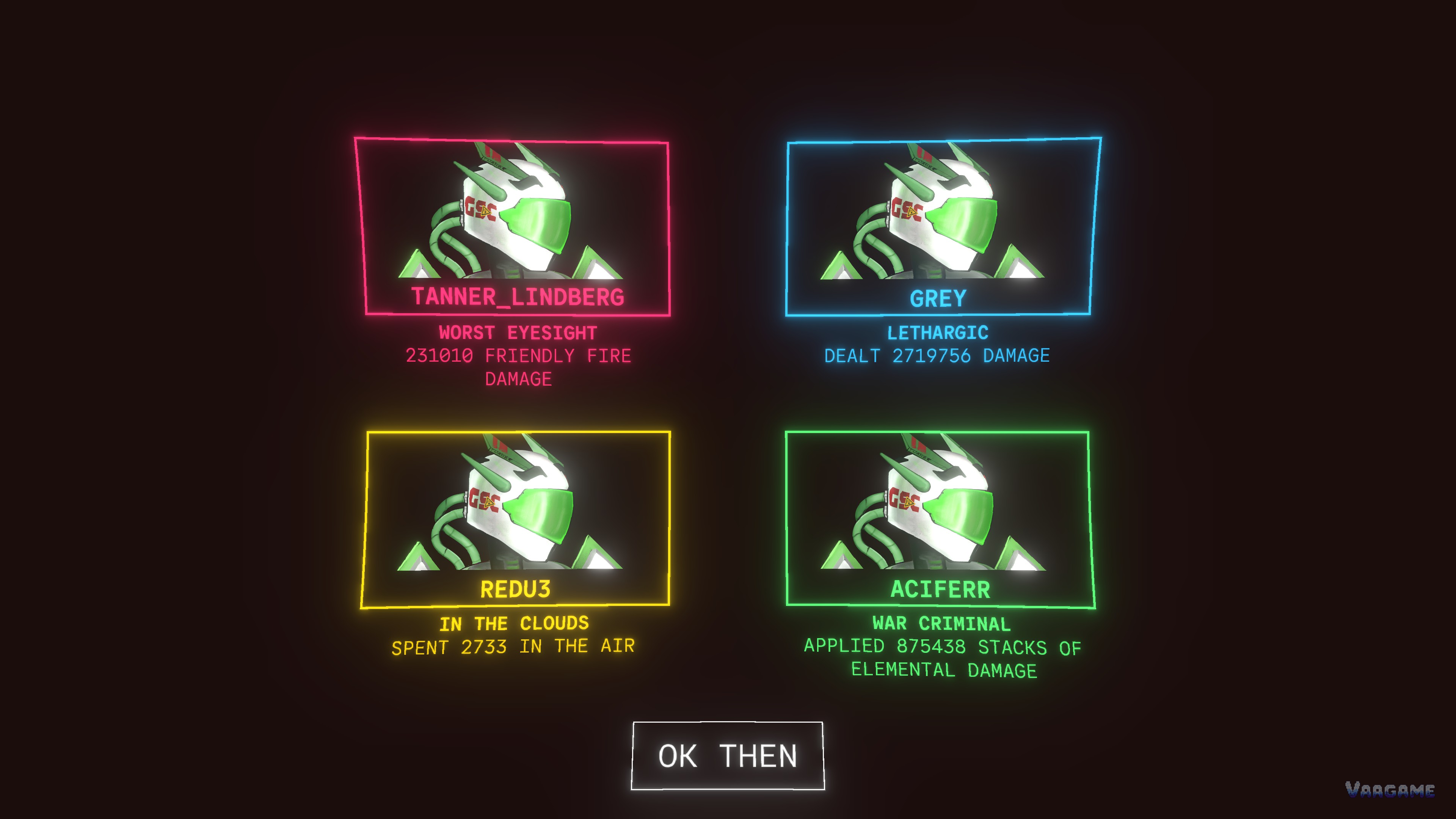 End of mission screen tallying friendly fire damage for four players