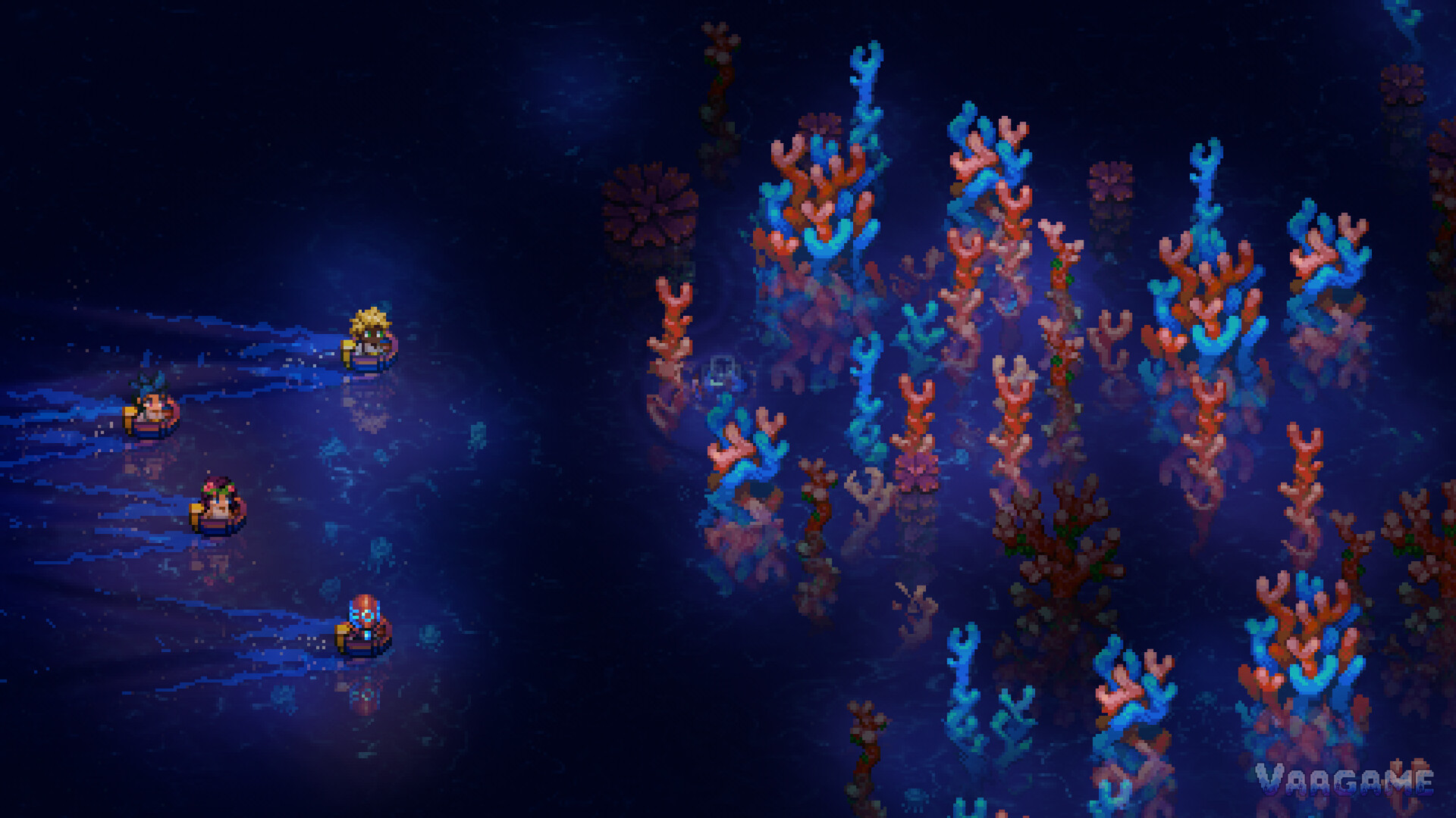 Boats among the coral of the Sunken Sea, one of the biomes waiting past the Core