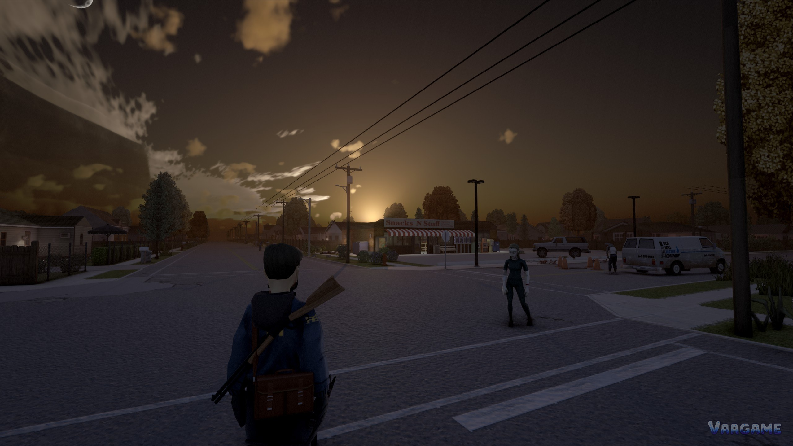 Third person on a street at dusk as a zombie approaches