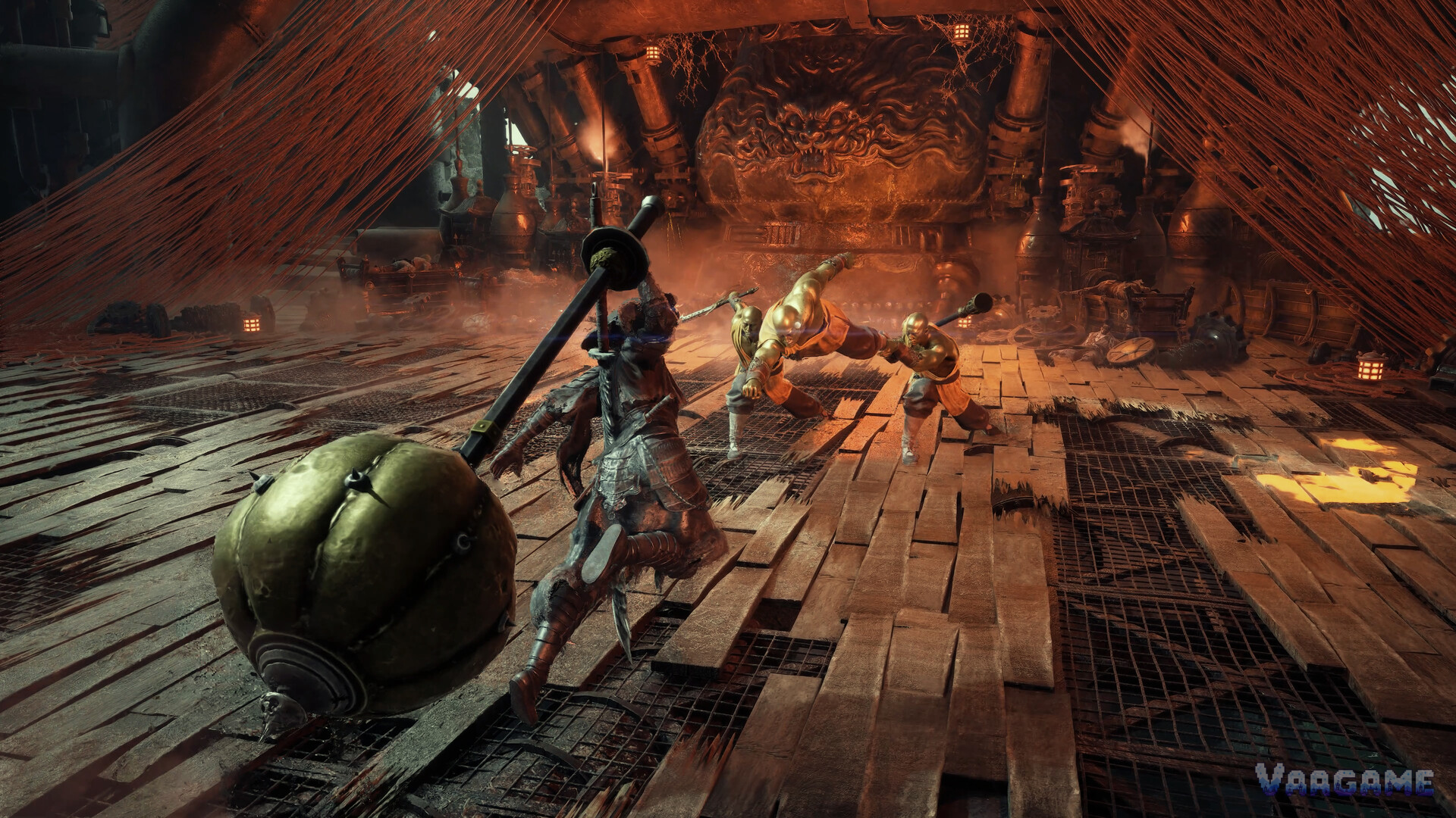 Soul swings a giant ball mace at golden monks