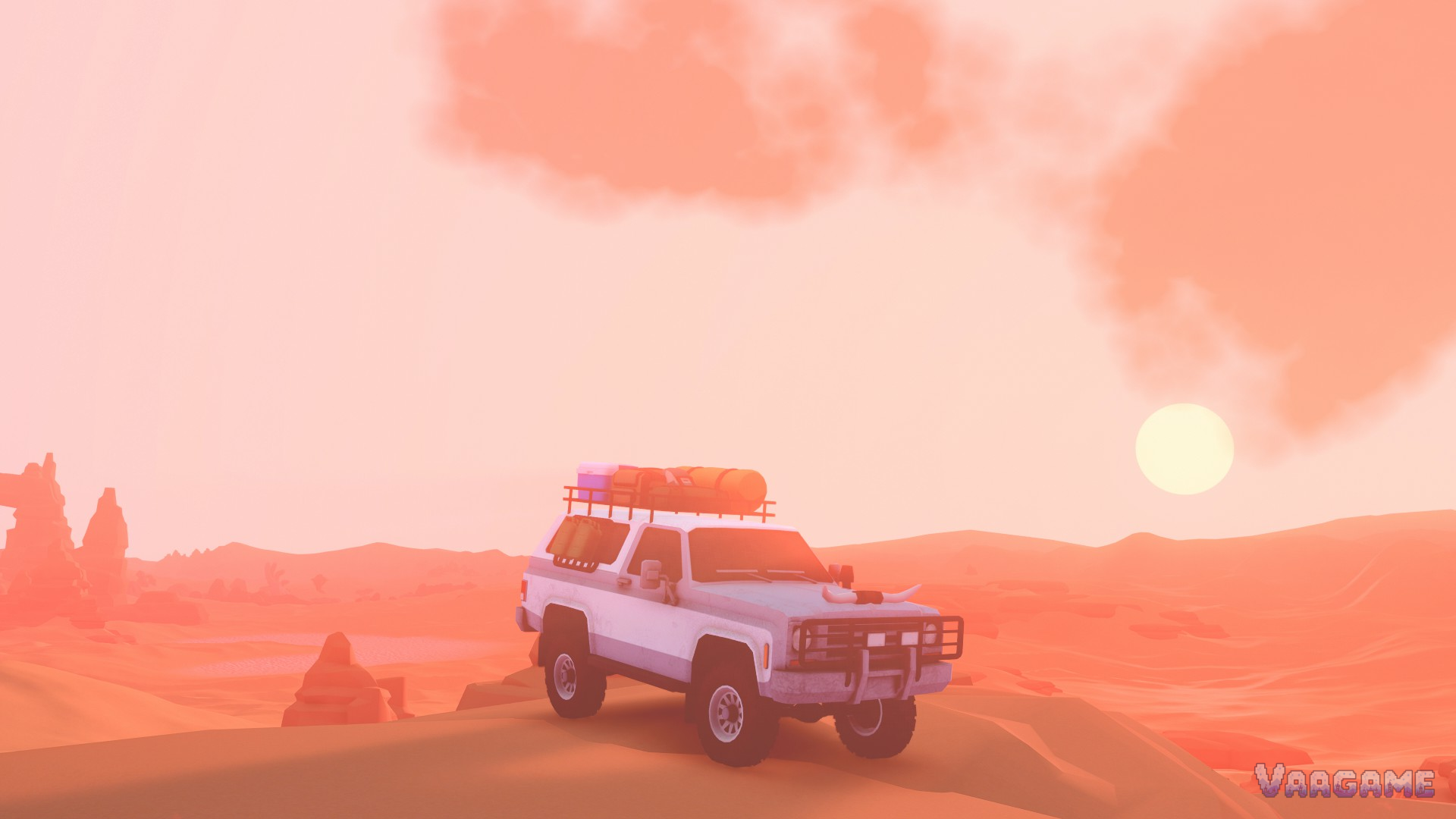 A white expedition SUV standing in orange dunes under a huge sunset