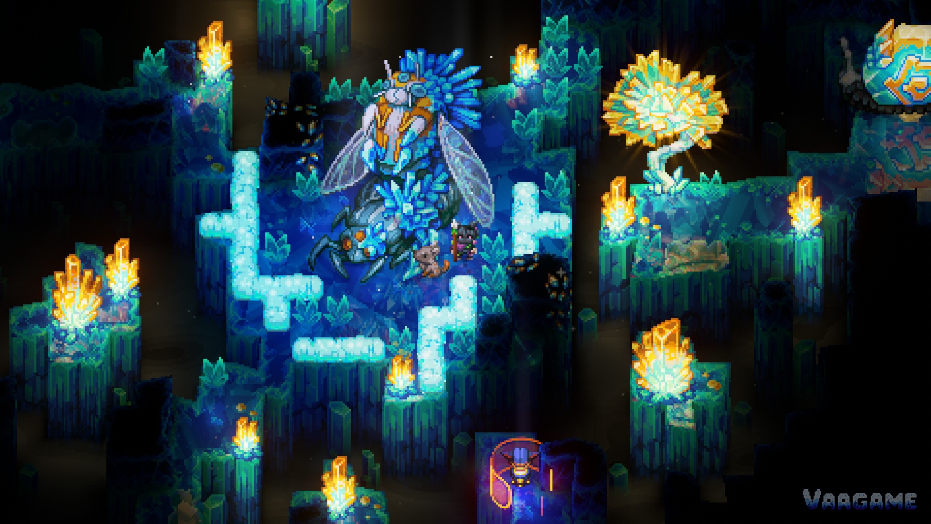 A giant moth-like creature and a player's pet in a crystal cave