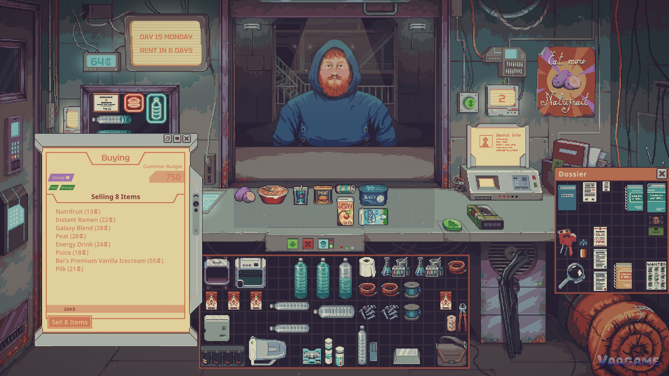 The buying panel: eight items against a customer budget of 750 credits