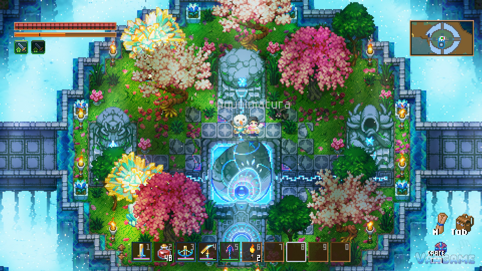 A powered Core garden in close-up, the left statue still grey and asleep while the right one glows blue