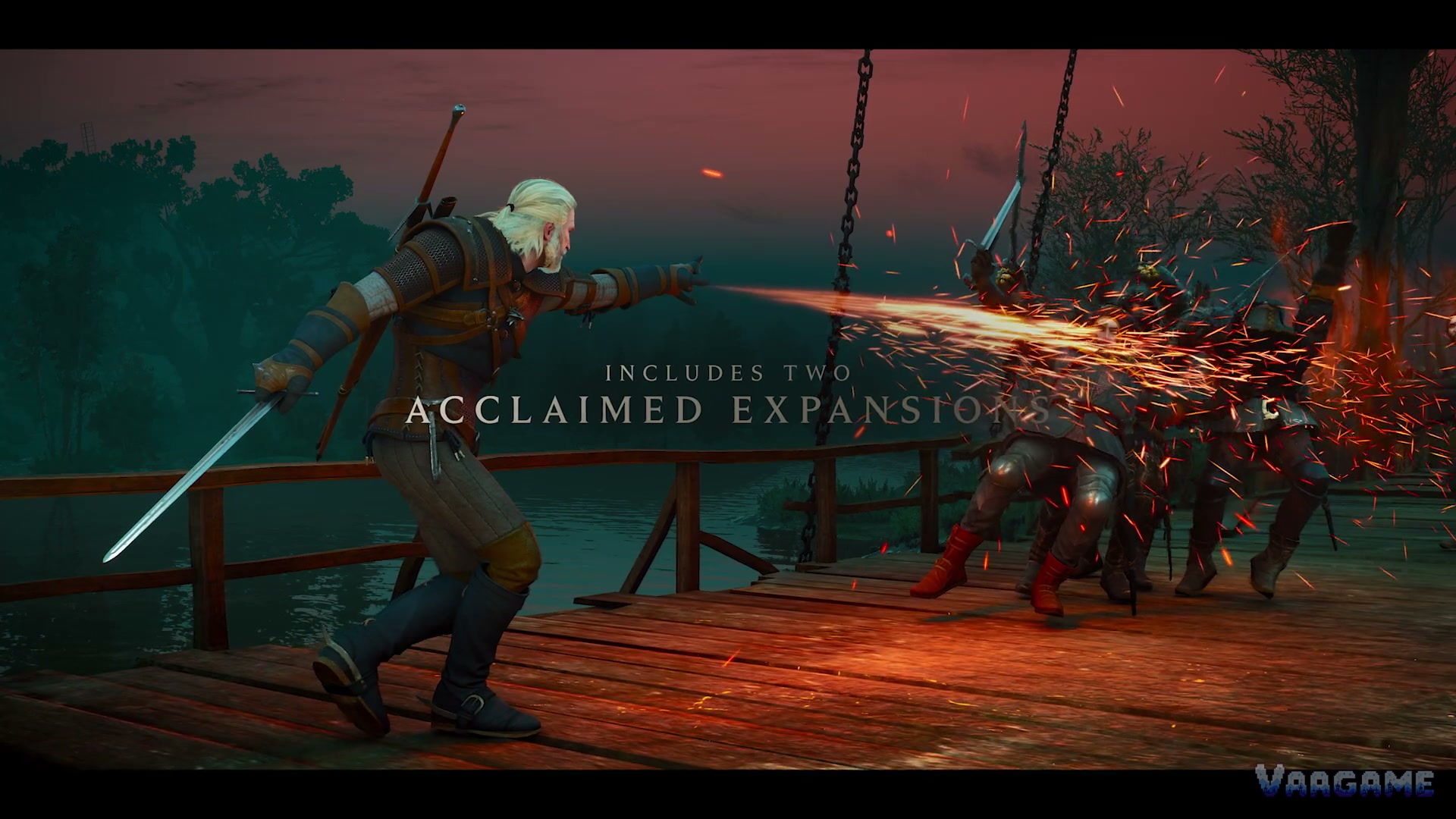 Geralt hurling a wide sheet of Igni flame into a group of soldiers on a wooden dock