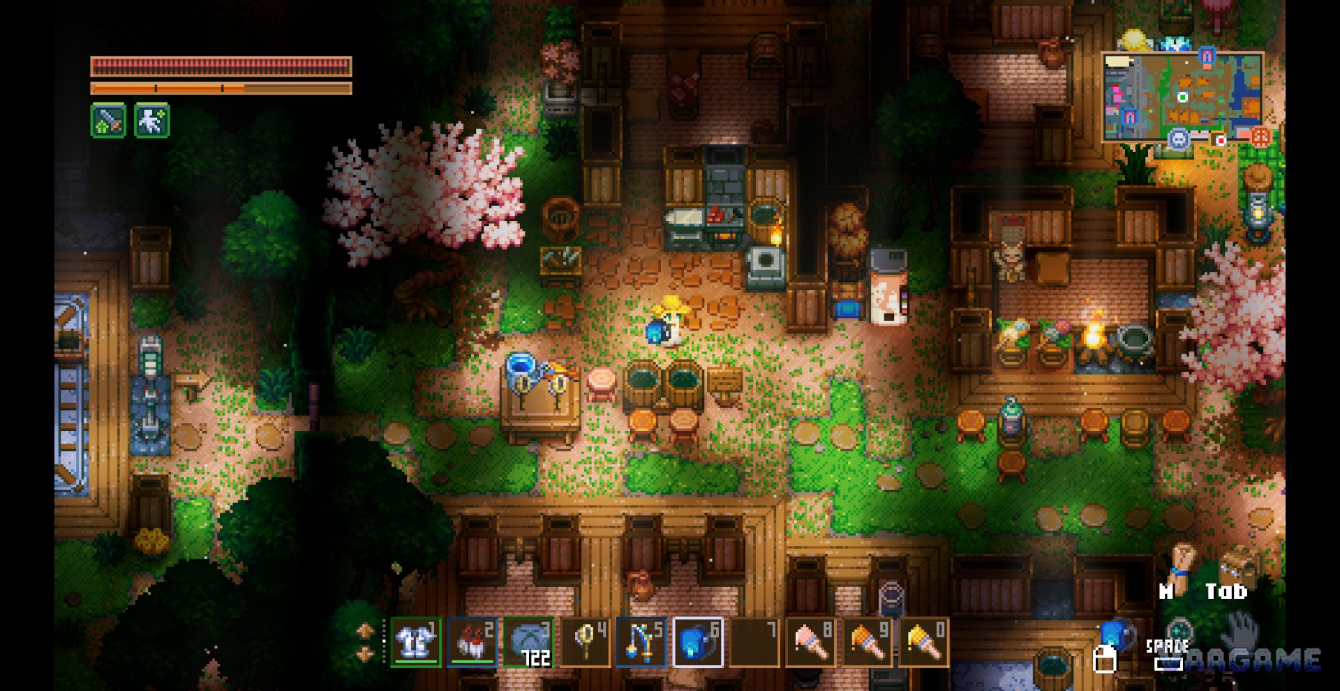 A cosy wooden base interior with a row of cooking pots and a lucky cat by the wall