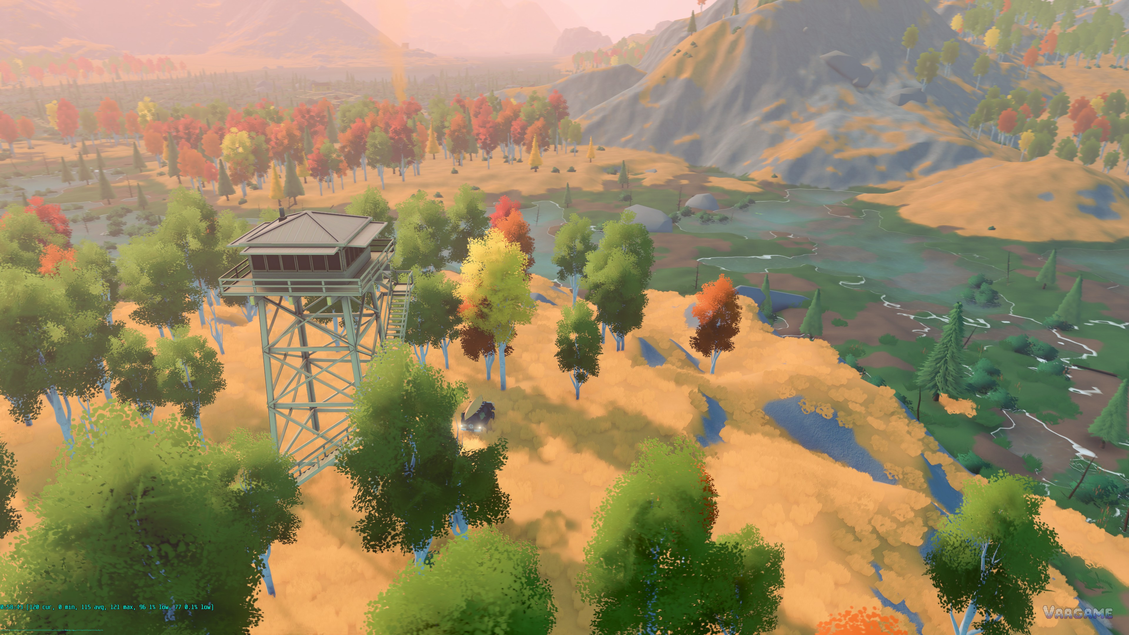 A watchtower looking over autumn valleys and streams on Gimli Ridge