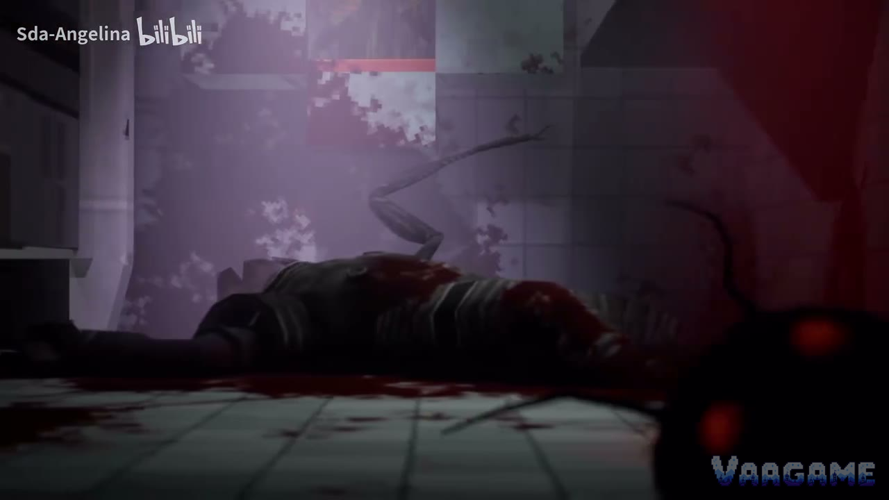 A fallen figure in a purple-lit room, late in the final mission stretch. We caption this at imagery level only — no source documents which story beat, if any, it belongs to. Gameplay frame: Sda-Angelina (Bilibili)