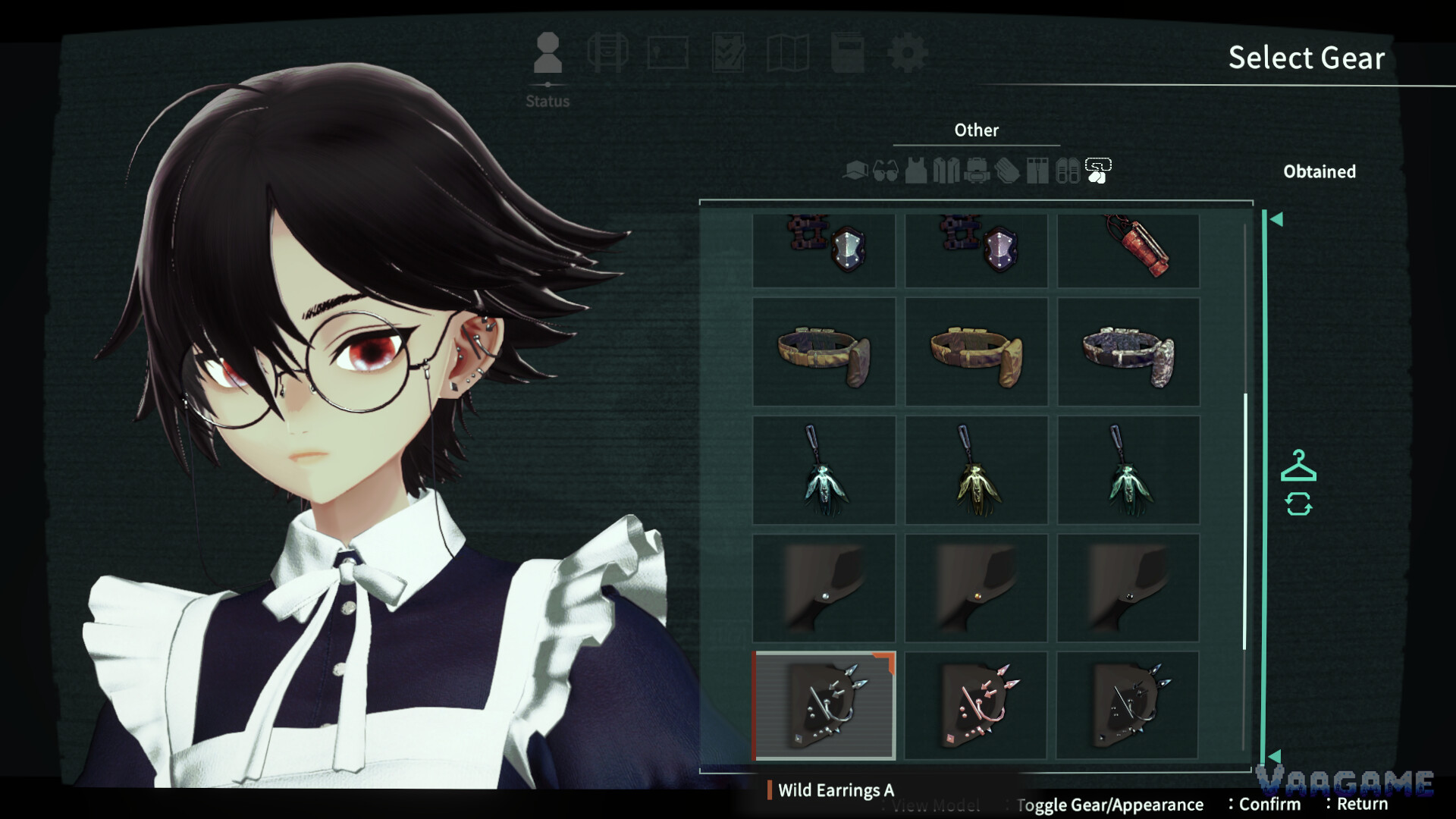 Select Gear UI with Reona in a maid-style outfit and an accessory grid including Wild Earrings A