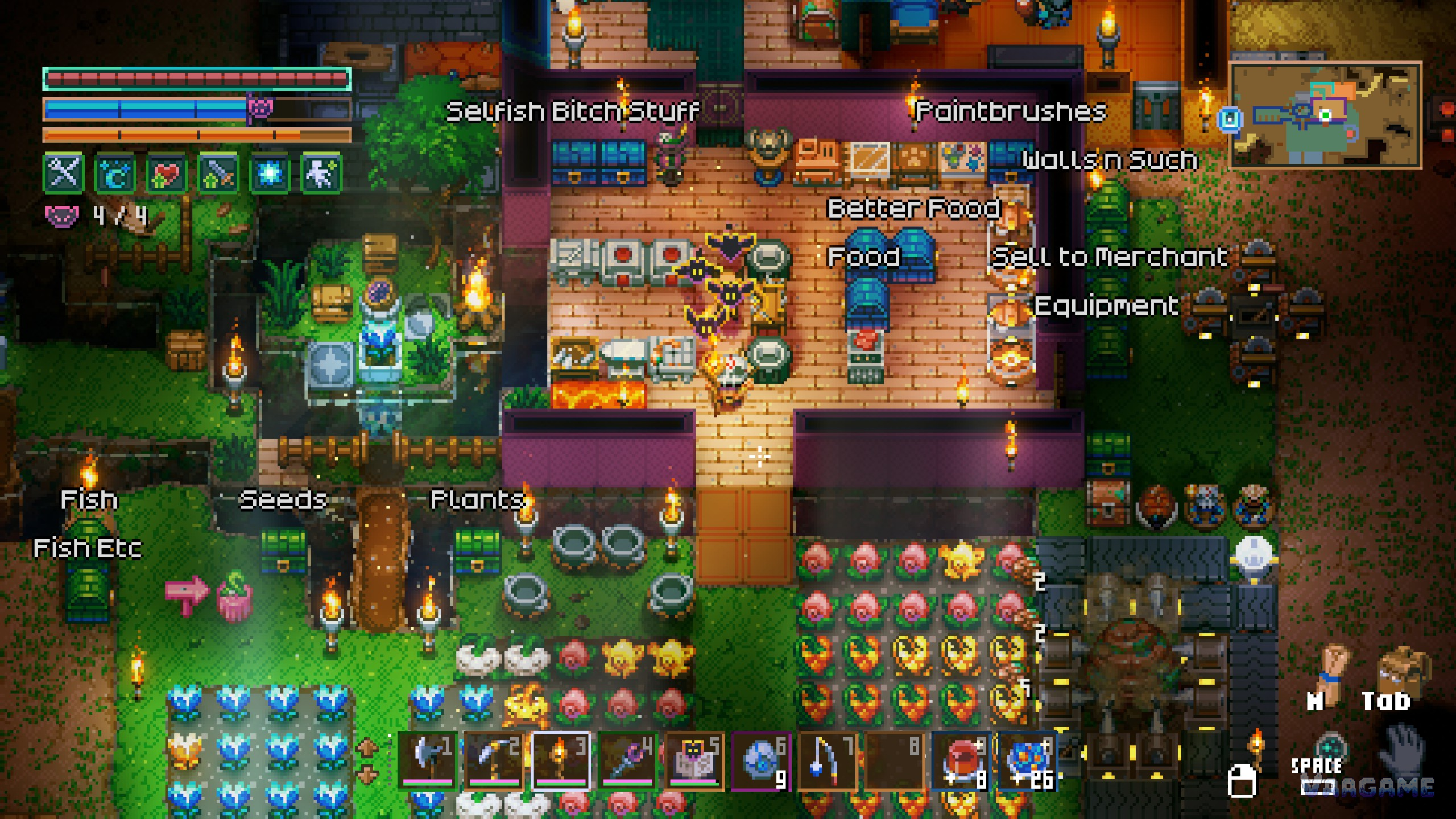 A base kitchen with cooking pots in a row and wooden signs marking Food and Better Food sections