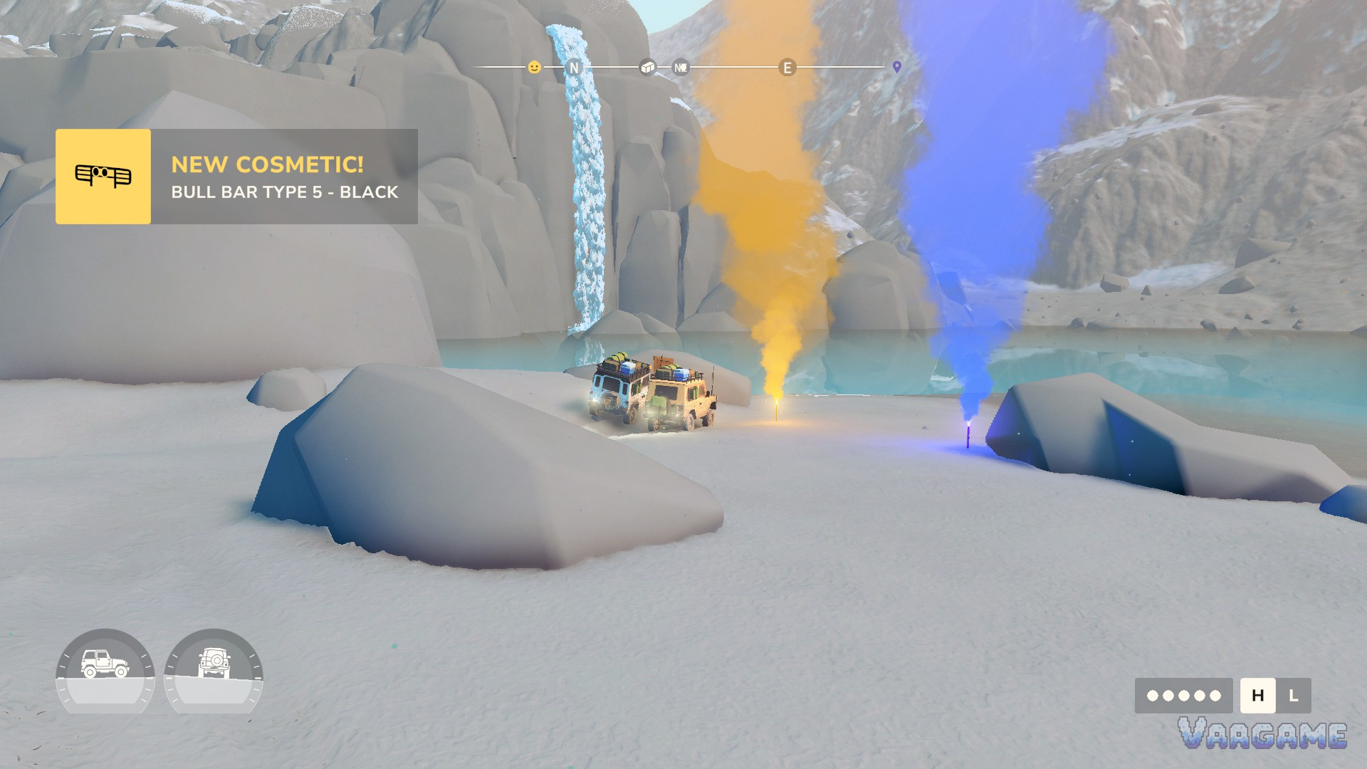 A new cosmetic unlock toast for a bull bar over a snowy shore with discovery smoke plumes