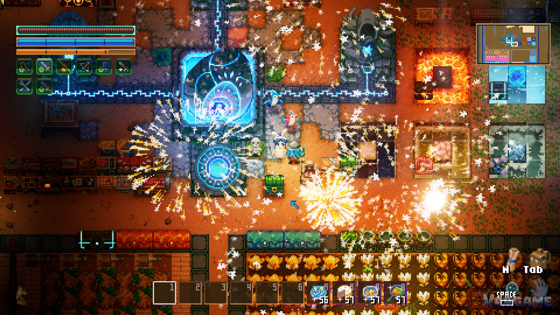 Fireworks over the Core as the crew celebrates beside workbenches and crop rows
