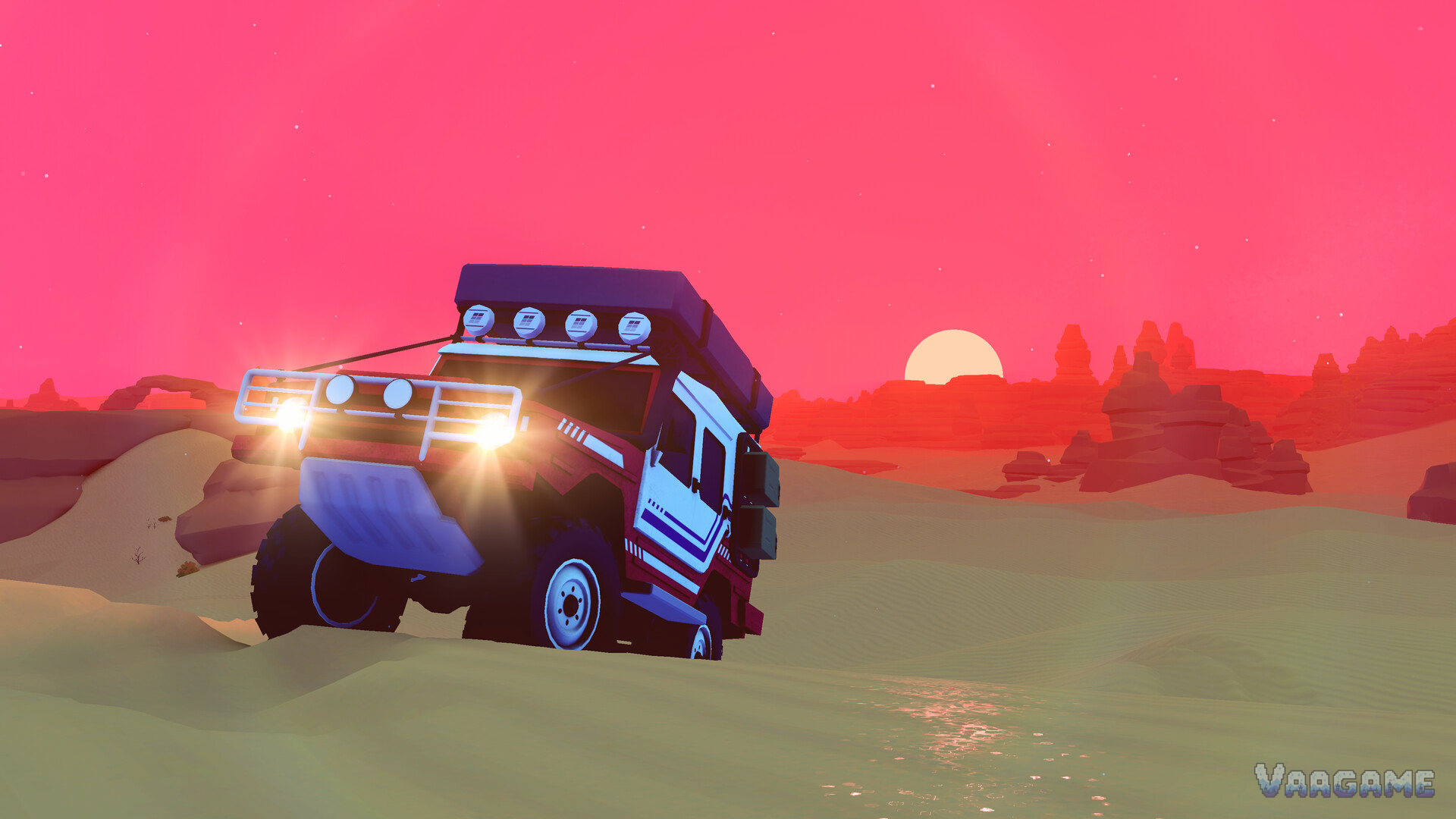 An expedition truck with its roof lights blazing, parked on dunes under a magenta sunset