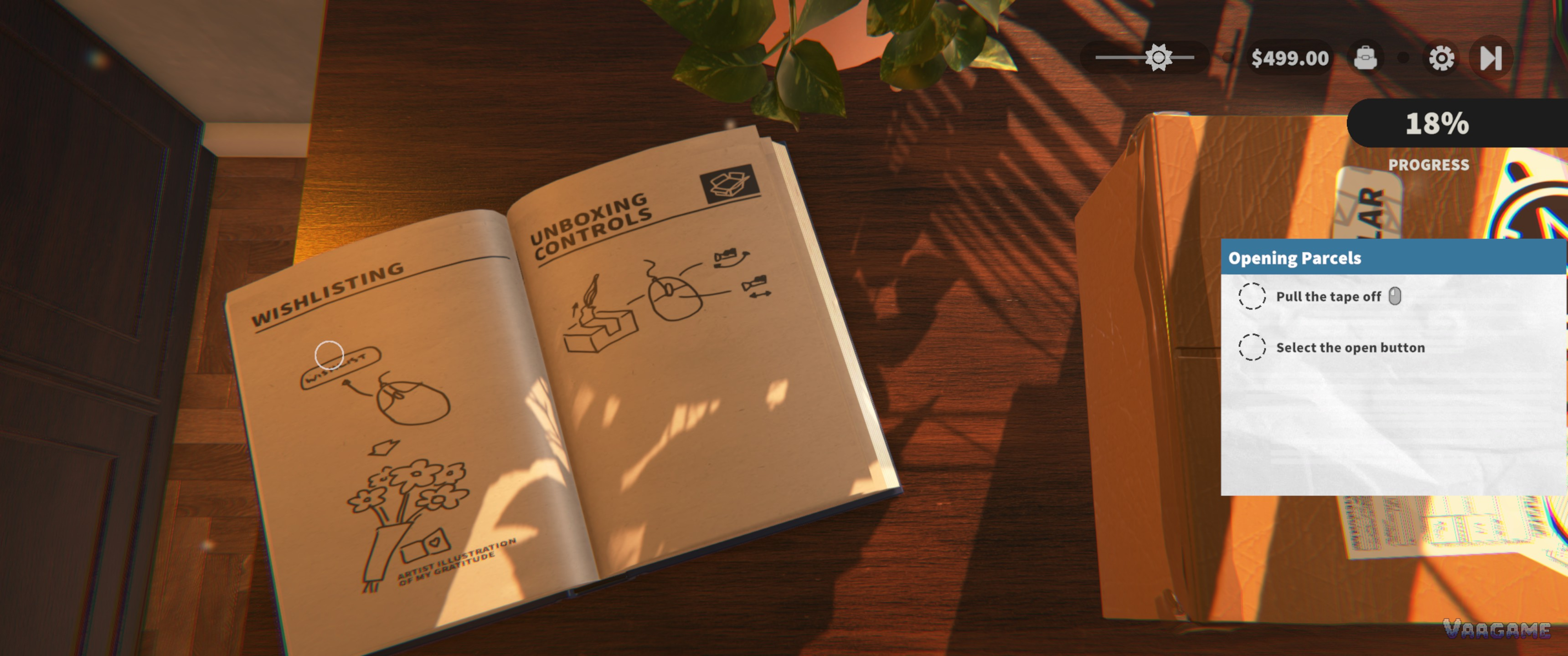 Unboxing paperwork: the parcel checklist in the booklet, parcels waiting on the desk